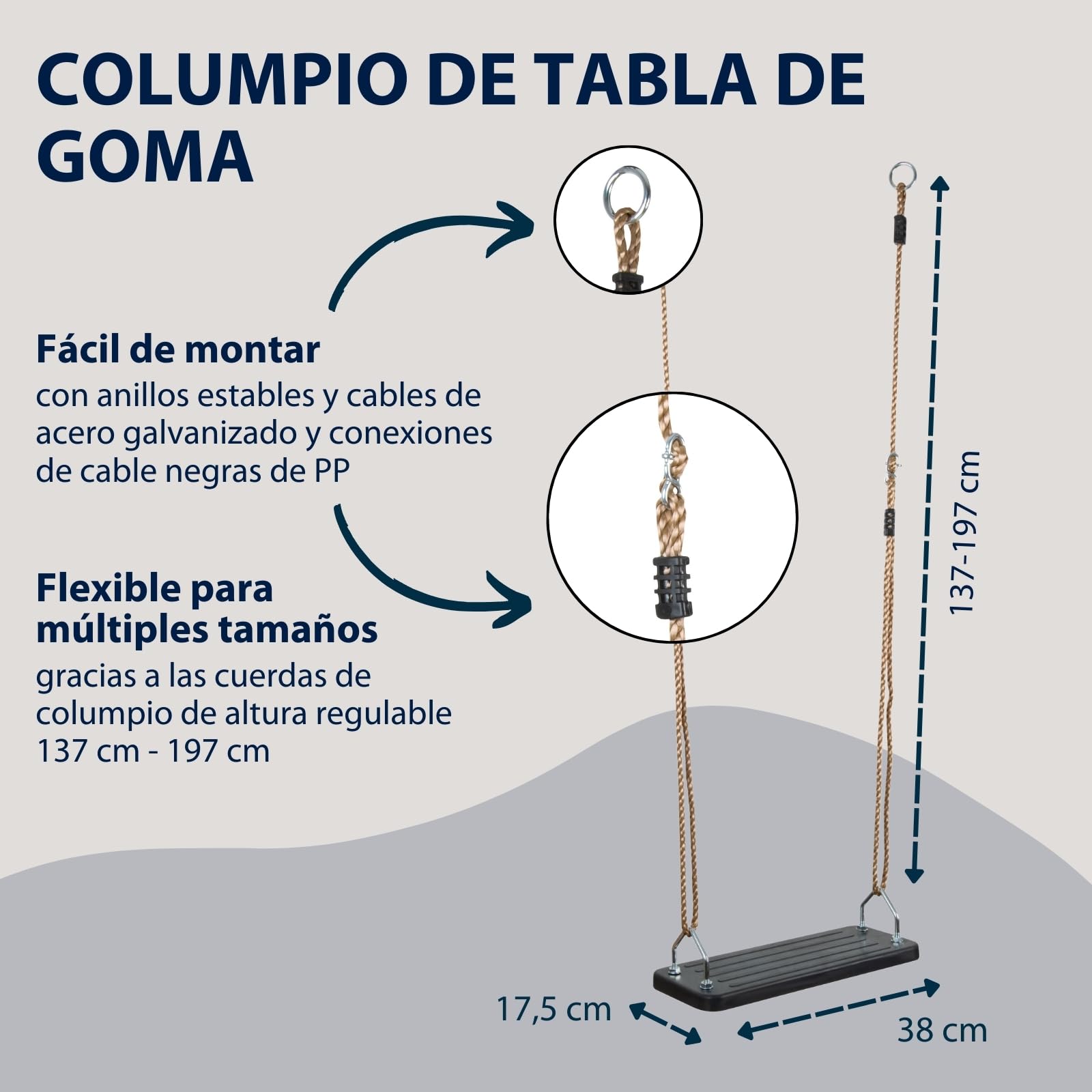 HUDORA Columpio de Tabla Negro - Asiento de Columpio de Goma - Certificado por TÜV Rheinland/GS con Cuerdas Ajustables en Altura - para Niños & Adultos hasta 100 kg