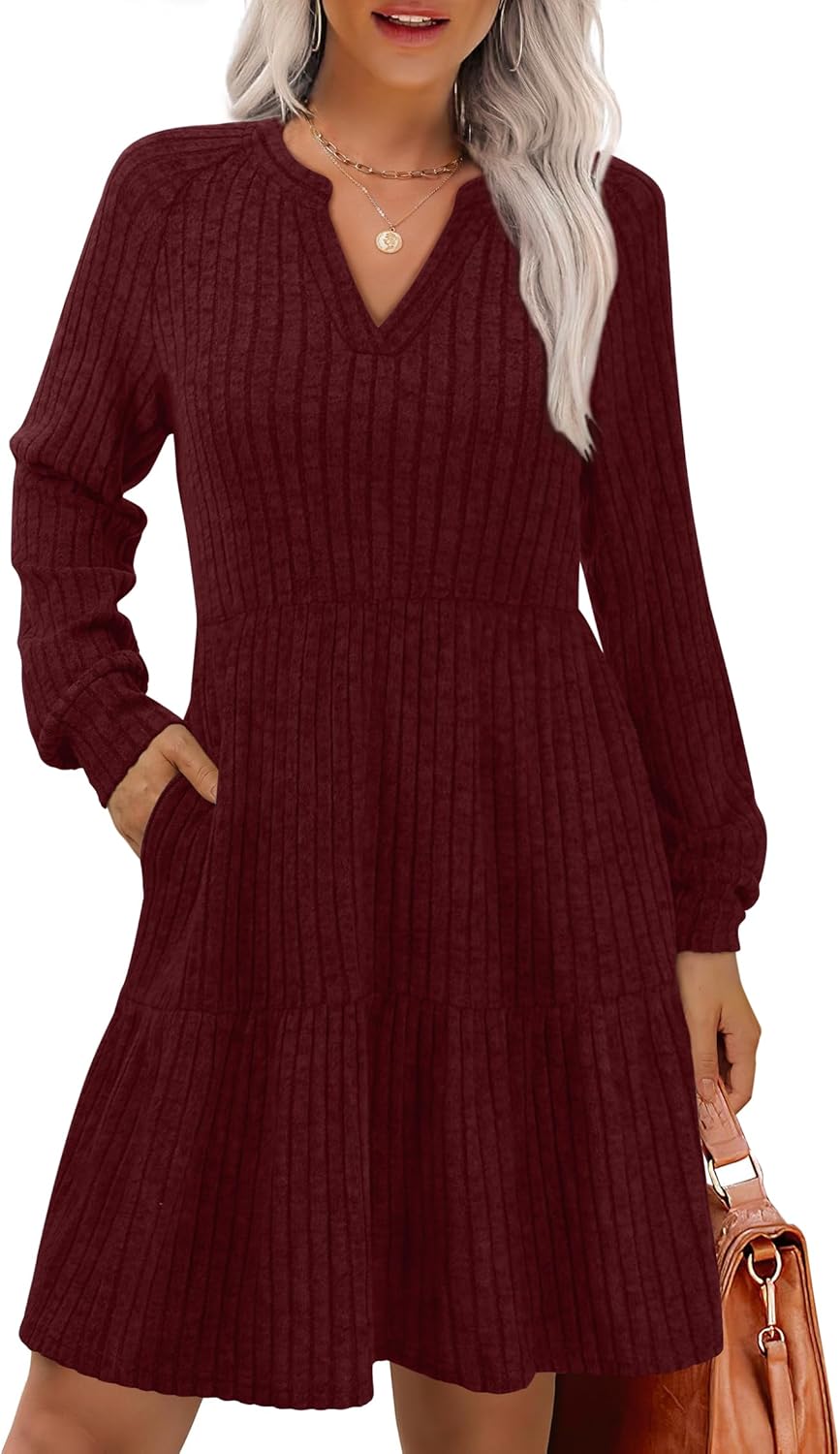 IWD Womens V Neck Long Sleeve Dress with Pockets Casual A-Line Knee Length Fall Knit Sweater Dresses 2025