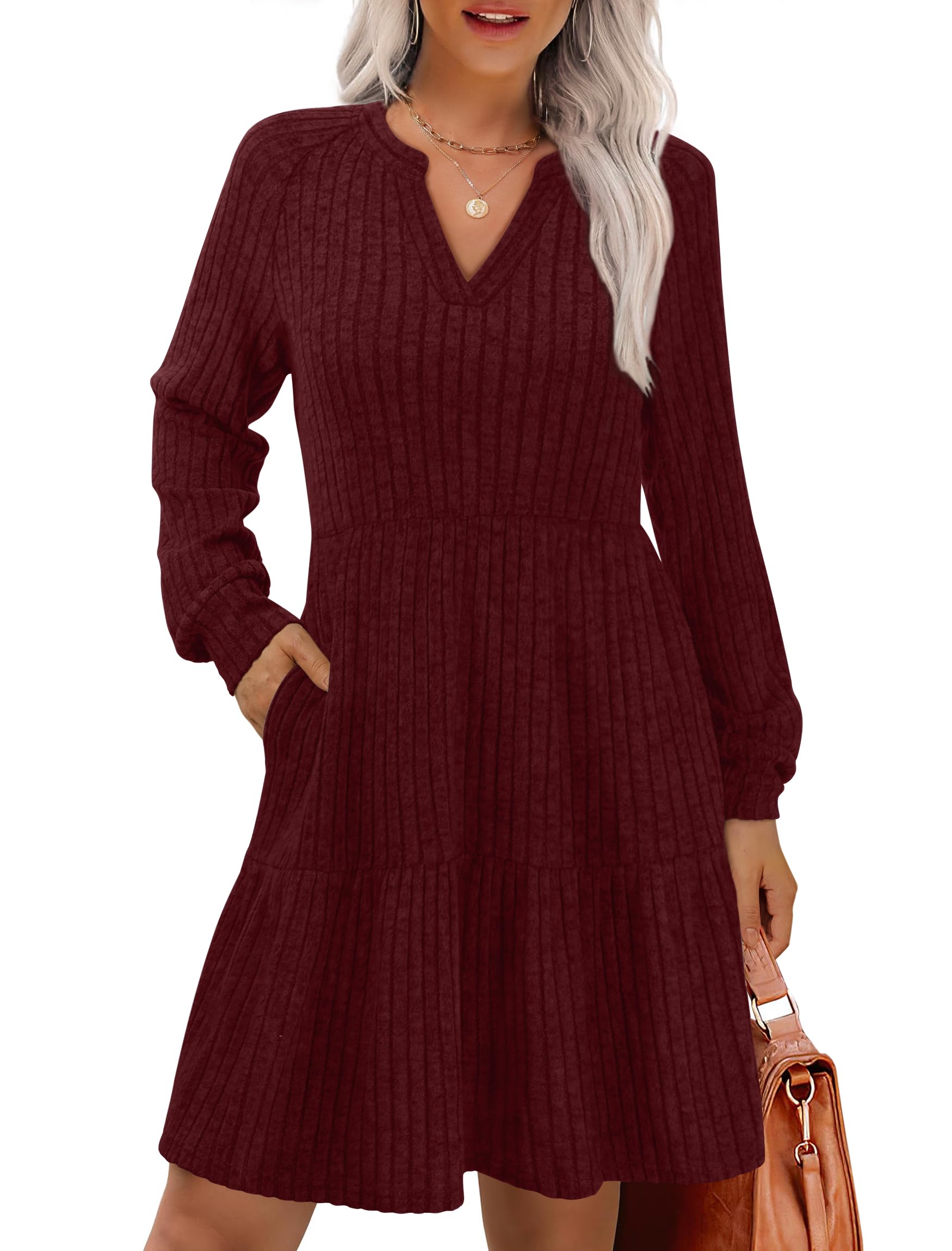 IWD Womens V Neck Long Sleeve Dress with Pockets Casual A-Line Knee Length Fall Knit Sweater Dresses 2025