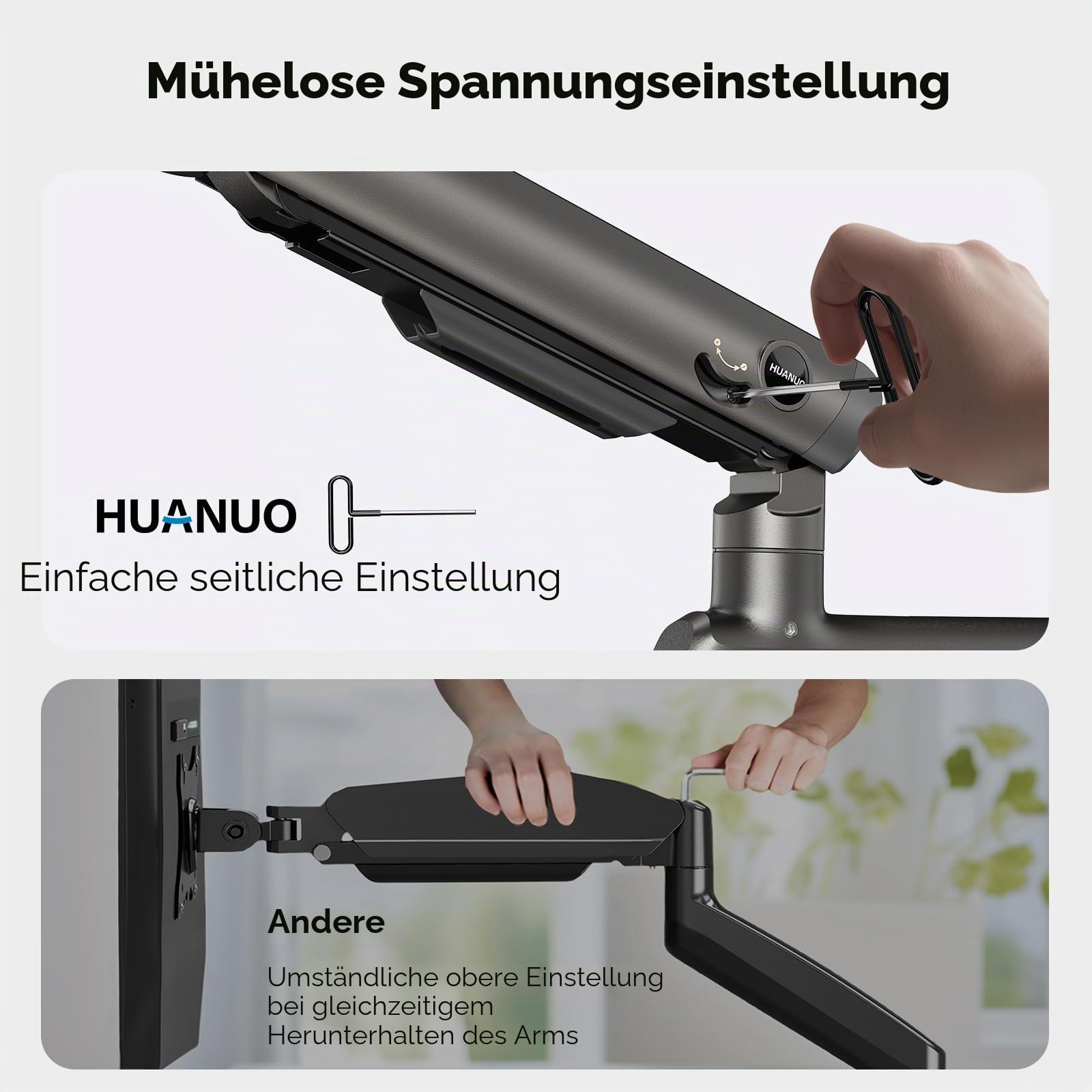 HUANUO Monitor Halterung 2 Monitore für 13-49 Zoll Ultrawide-Bildschirme, 18 kg Tragkraft, robuste Monitorhalterung für Gaming Bildschirme, vertikal stapelbar Monitorarm, VESA 75x75 100x100