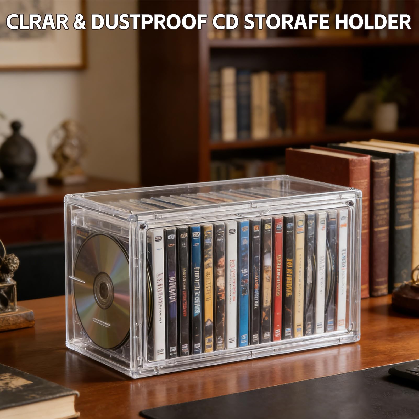 Paquete de 2 cajas de almacenamiento de DVD y CD de acrílico apilables, organizador de CD de plástico transparente con cubierta magnética abatible a prueba de polvo, almacenamiento de medios para