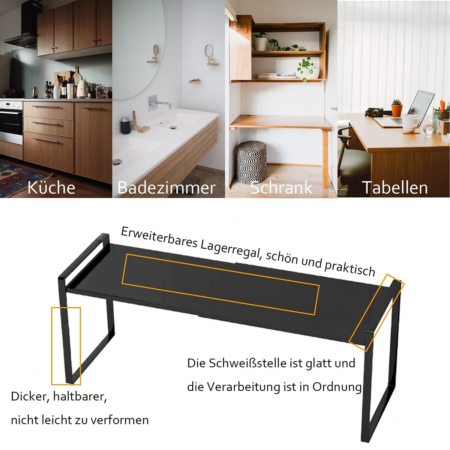 KZOBYD Erweiterbar Küchenregal, Faltbares Küchenschrank Regal Küchen Gewürzregal Organizer für Geschirr und Vorräte Stapelbarer Küchenablage Organizer für mehr Abstellfläche (Schwarz, L)