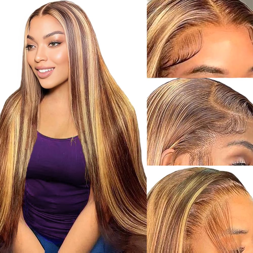 ROLKISA Highlight Ombre Lace Front Wig Human Hair 28Inch Honey Blonde Lace Front Wigs13x6 HD Lace Front Wig Human Hair 180% Density 4/27 Colored