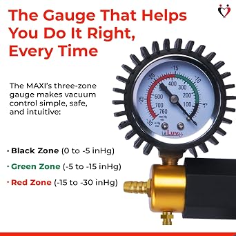 LeLuv Maxi Manual Hand Vacuum Pump with 0-30 inHg Protected Gauge, Black | EPDM diaphragm for stable vacuum testing; rubber-protected safety-zone gauge, 1/8 NPT fitting and brass quick-release valve