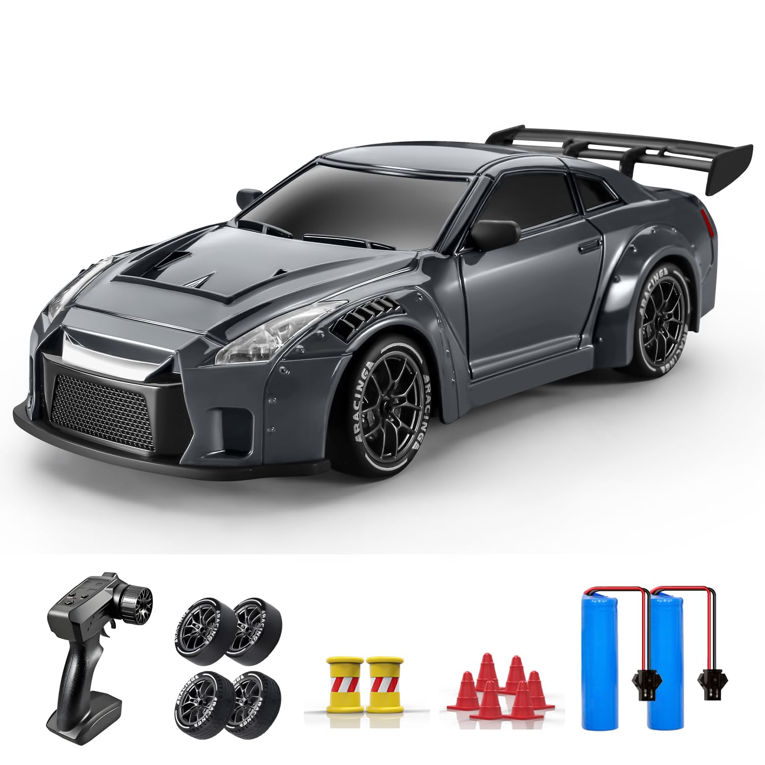 ACAMMZAR RC Drift Car, 1:24 Remote Control Car for Kids, 20KM/H 4WD High Speed RC Cars with Lights, Extra Racing Tires, Vehicle for Adults Boys Girls, Dark Gray