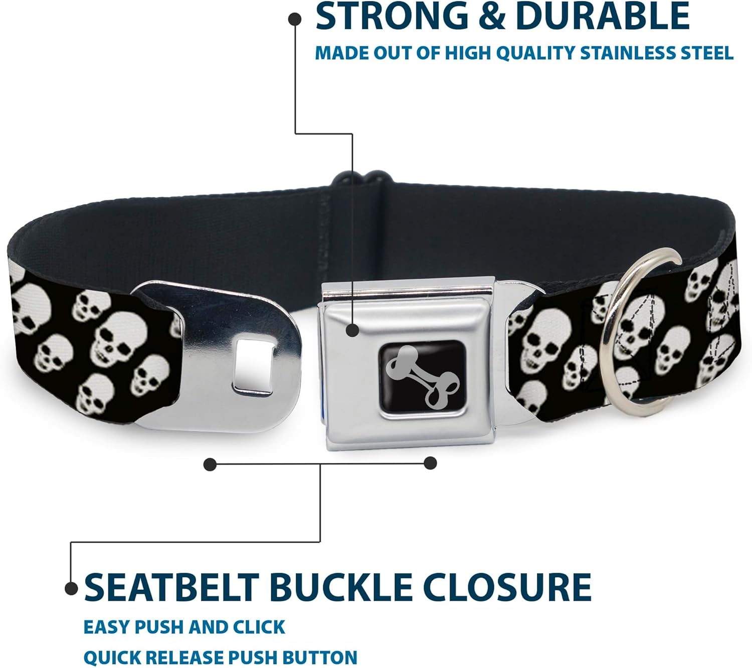 Buckle-Down Seatbelt Buckle Dog Collar - Tilted Skulls Black/White - 1" Wide - Fits 9-15" Neck - Small