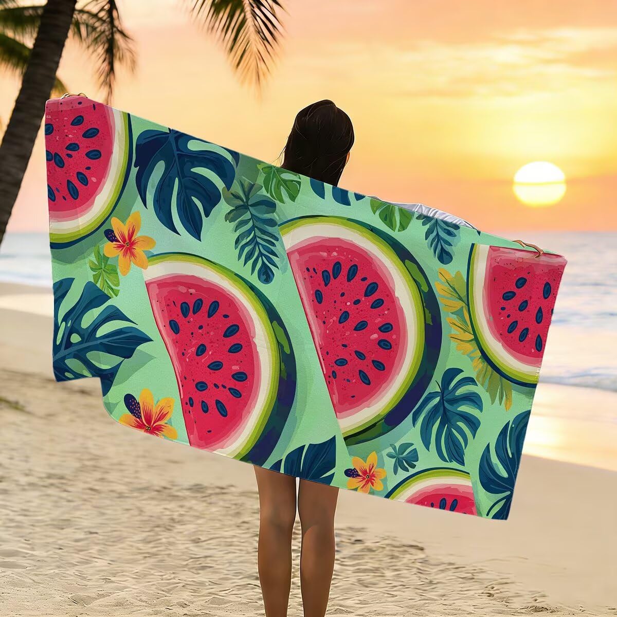 Telo Mare Microfibra, Telo Mare Grande 90x200cm 2 Pezzi, Asciugamano Palestra Donna Asciugatura Rapida, Antisabbia Asciugamano Microfibra, Leggero Asciugamani Palestra per Regalo Donna (Anguria) -4360