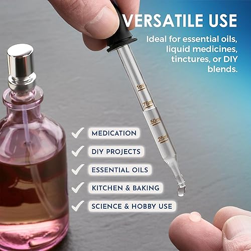 Miniatura 3 de Cuentagotas de vidrio calibrado para aceites esenciales, cuentagotas para medicina de vidrio doblado y recto (paquete de 4) para dosis y medición
