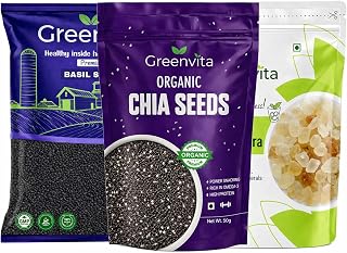 Greenvita Chia Seeds + Basil Seeds (Sabja) + Gond Katira 50g Each Combo | Cooling Superfood Mix | High Fiber Omega 3 | Fal... Price In India