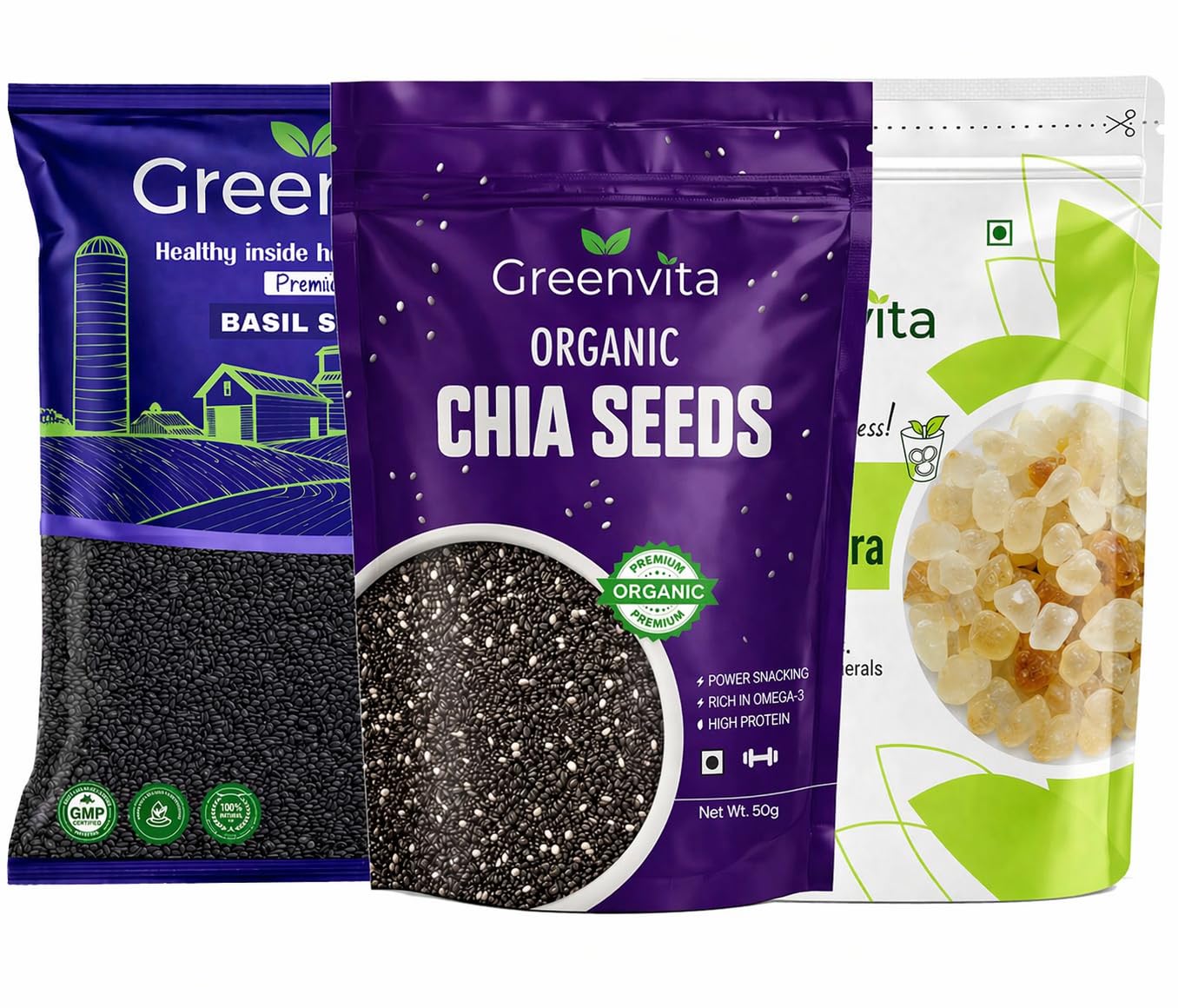 Greenvita Chia Seeds + Basil Seeds (Sabja) + Gond Katira 50g Each Combo | Cooling Superfood Mix | High Fiber Omega 3 | Fal...