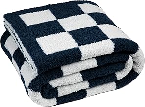 Carriediosa Ultra Soft Checkered Throw Blanket Microfiber Fuzzy Fluffy Checkerboard Grid Cute Preppy Plaid Pattern Knitted Blankets Cozy Throws for Couch Bed Sofa, 60" X 80" Twin Size Navy Blue