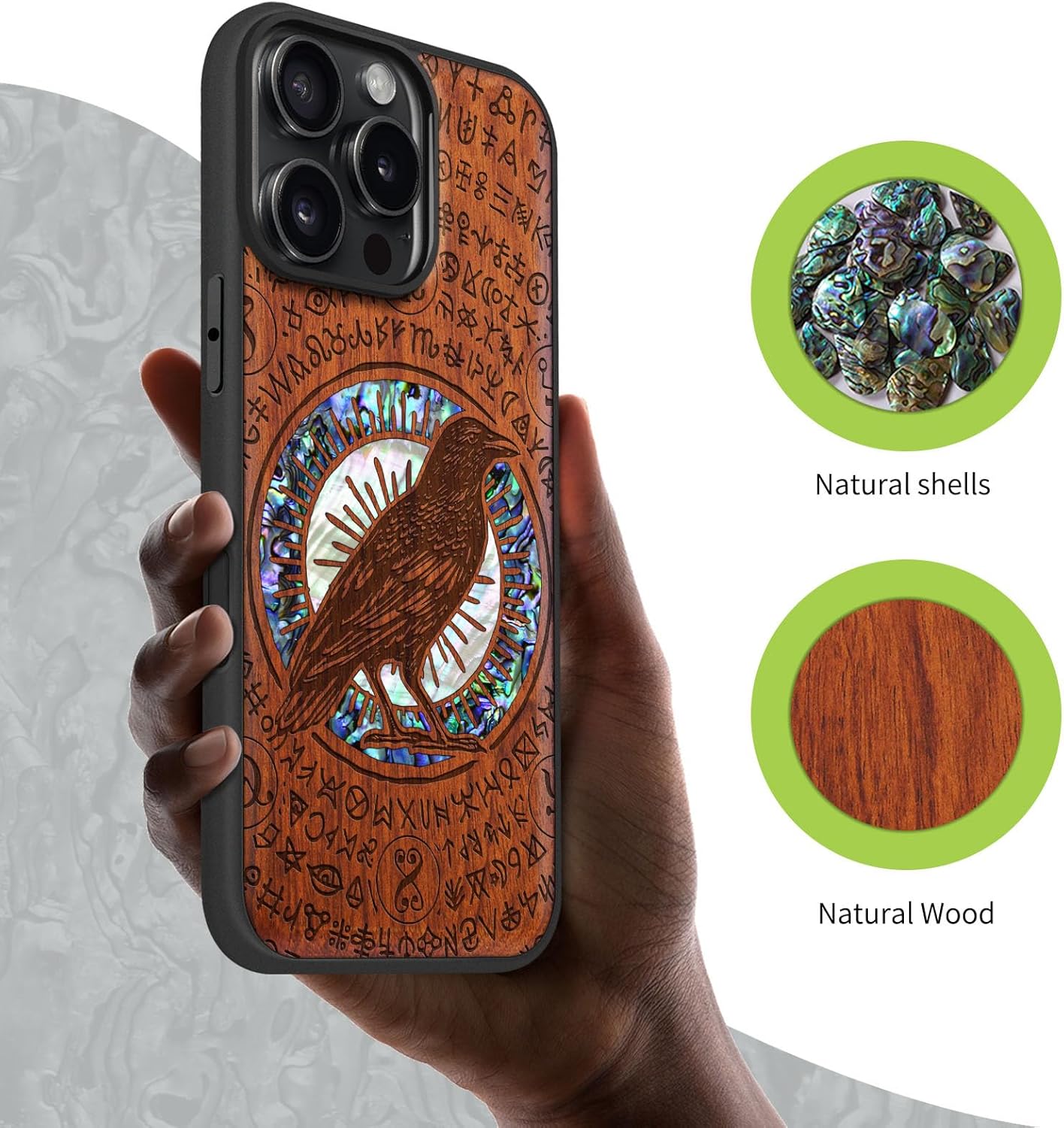 Carveit Magnetic Case for iPhone 16 Pro Max Case, Wood Artisan Engraved & Handmade Shell Inlaid, TPU Shockproof Cover, Compatible with MagSafe Wireless Chargers (Haloed Crow) Rosy