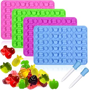 Palksky 4PCS Fruit Snack Molds Silicone, Gummy Molds Trays with Dropper for Candy Chocolate Gummies BakingCherries Grape Banana Apple Pineapple