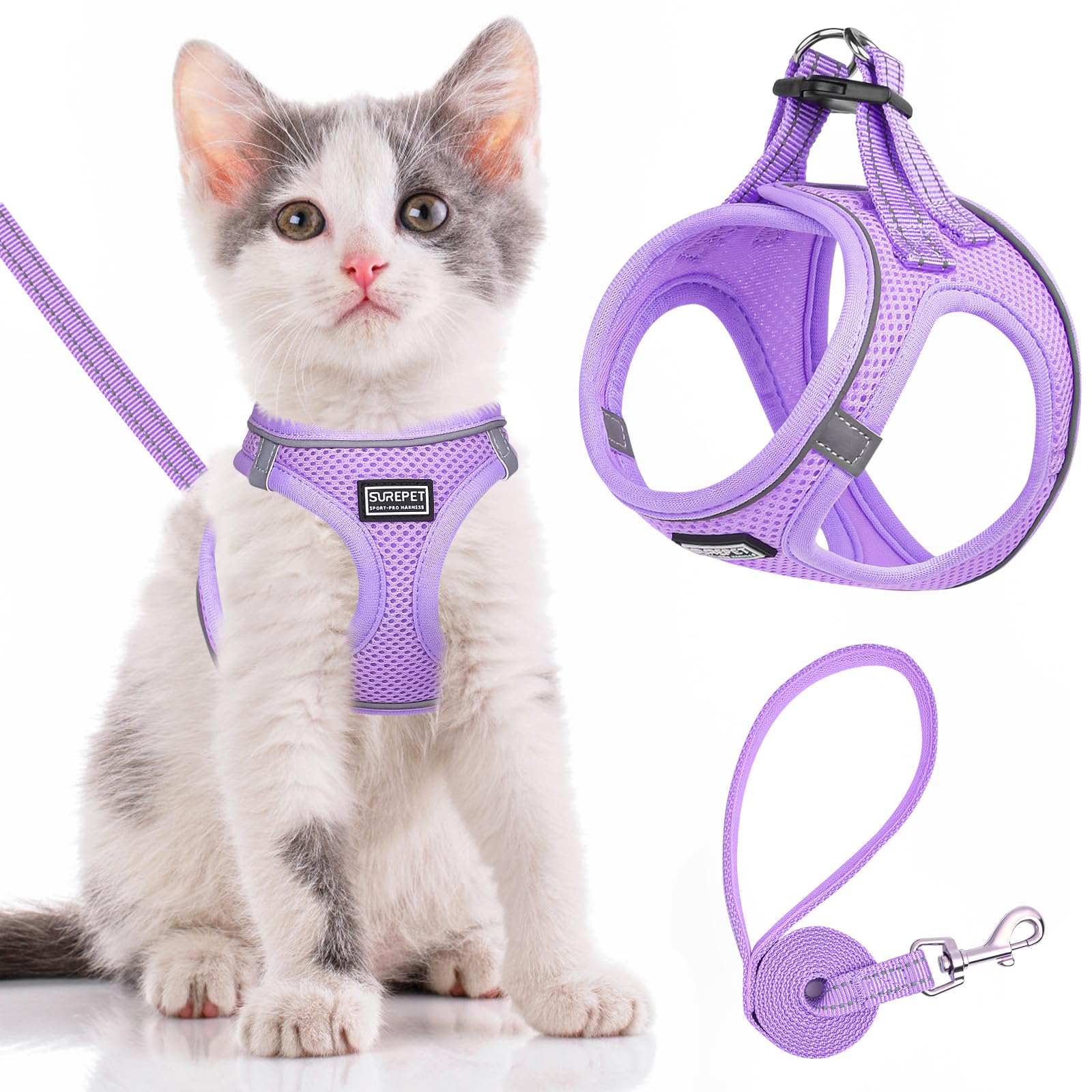 Cat Harness and Lead Escape Proof,Adjustable Soft Mesh Kitten Vest Harness for Walking Reflective Pet vest for Cat Small Dogs Puppy (Purple