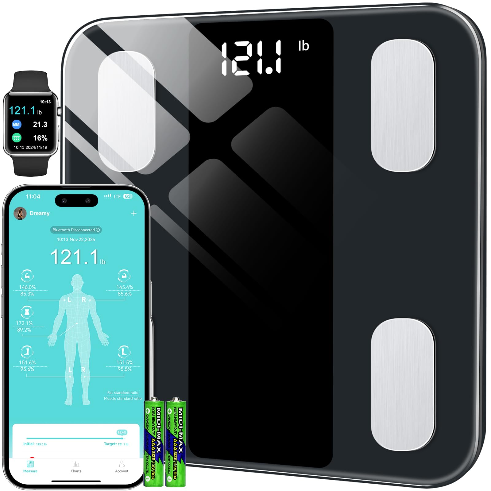 Body Fat Scale, High-Precision Body Analysis Scale 180kg/400lb, Smart Body Scale Digital with APP for Body Fat, BMI, Muscle Mass, BMR, Protein, Batteries Included