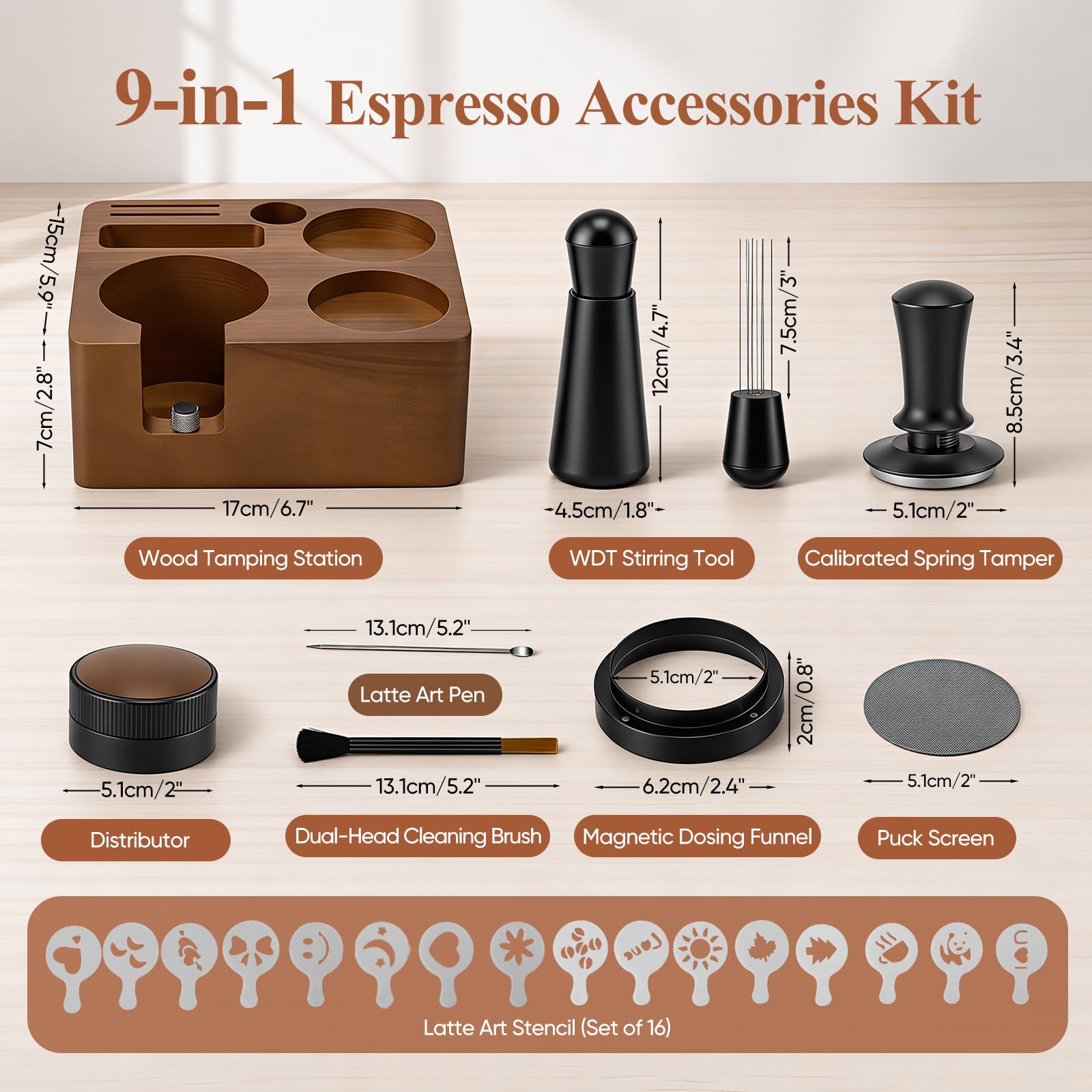 Kit Barista 9 Piezas, Tamper de Café de 51mm, Accesorios de Espresso | Barista Accesorios Cafetera con Tamper, Distribuidor, WDT Tool, para Máquina Espresso Portafiltro