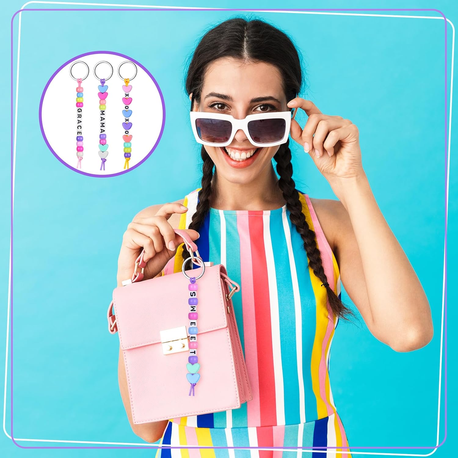 Landical 564 Pcs DIY Bead Keychain Kit Key Chain Making Craft Adjustable Letter Beads String Mama Sport Gift Alphabet Jewelry Accessories Holiday Party Favor for Adult(Heart, Dream Color) - Image 4