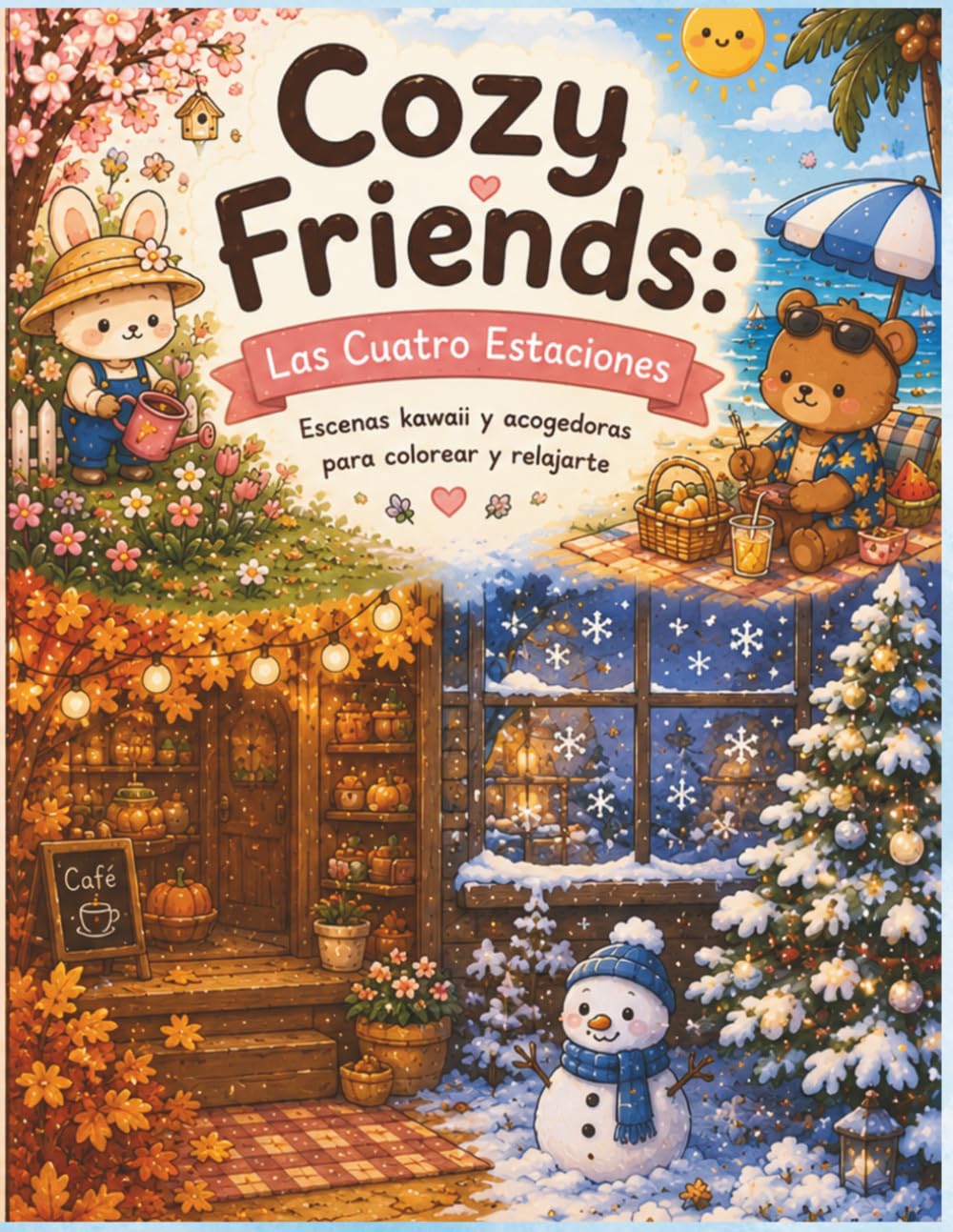 Cozy Friends: Las Cuatro Estaciones.: Animales adorables, estaciones mágicas y escenas relajantes. (Mundo Kawaii para colorear.)