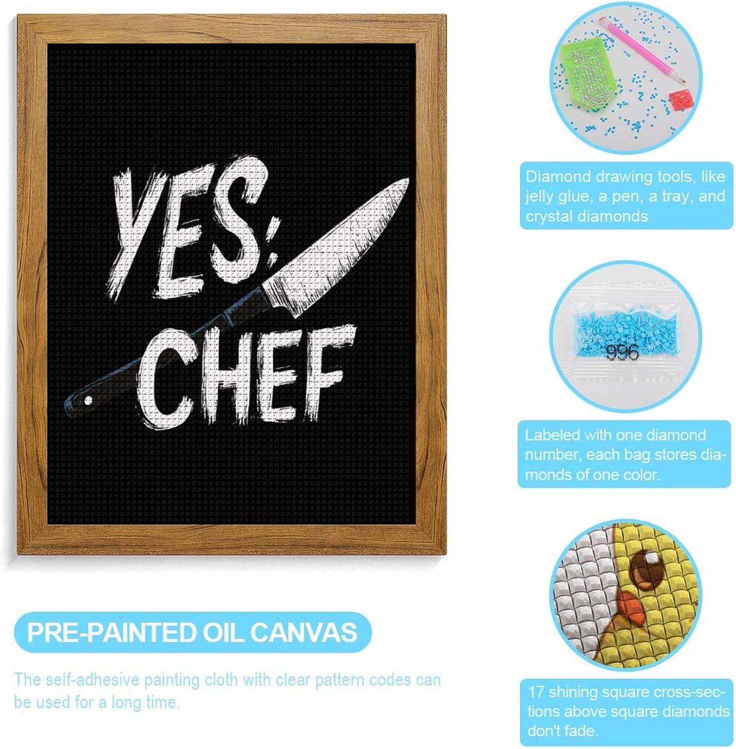 Yes Chef Diamond 5D Painting Kits with Frame DIY Full Round Drill Gem Art Crafts for Home Wall Decor 16 X 20in Yellow Wood 40 * 50cm