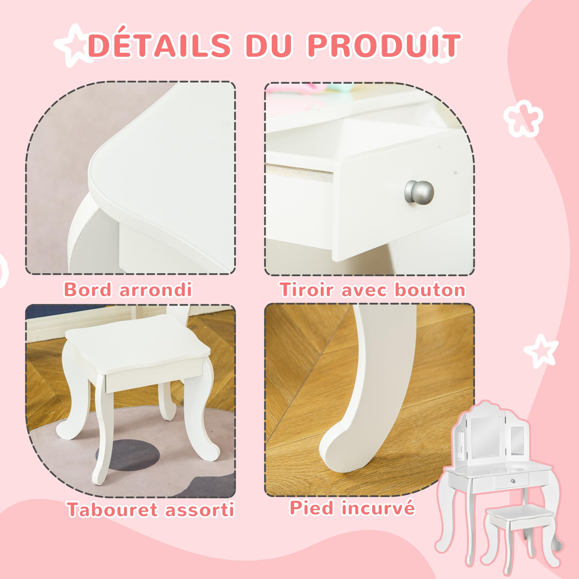 HOMCOM Coiffeuse Enfant avec Tabouret, Coiffeuse Bureau 2 en 1 Miroir triptyque et tiroir Coulissant - Coiffeuse dim. 63L x 40l x 85,5H cm - Blanc Acrylique