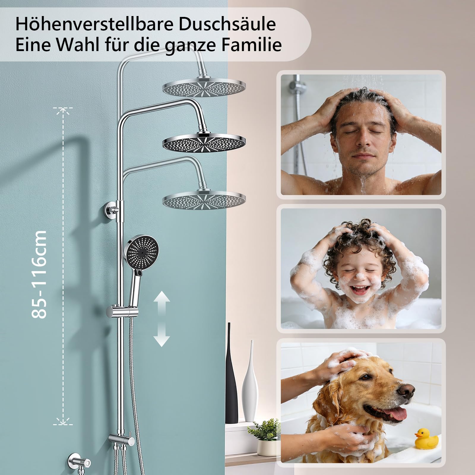 Duschsystem ohne Armatur höhenverstellbar 26 cm runde Regendusche & Handbrause mit 3 Strahlarten Duschset ohne Armatur Edelstahl schnelle Montage