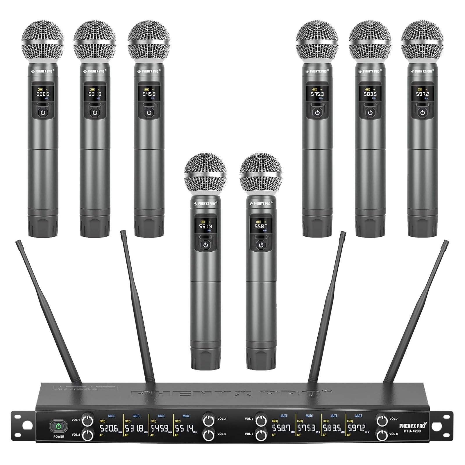 Photo 1 of Phenyx Pro Wireless Microphone System, 8-Channel Metal Wireless Mic Set w/ 8 Cordless Mics, 8x20 UHF Frequencies, 200ft Range, Dynamic Microphones for Singing, Karaoke, Church, DJ (PTU-4200-8H)