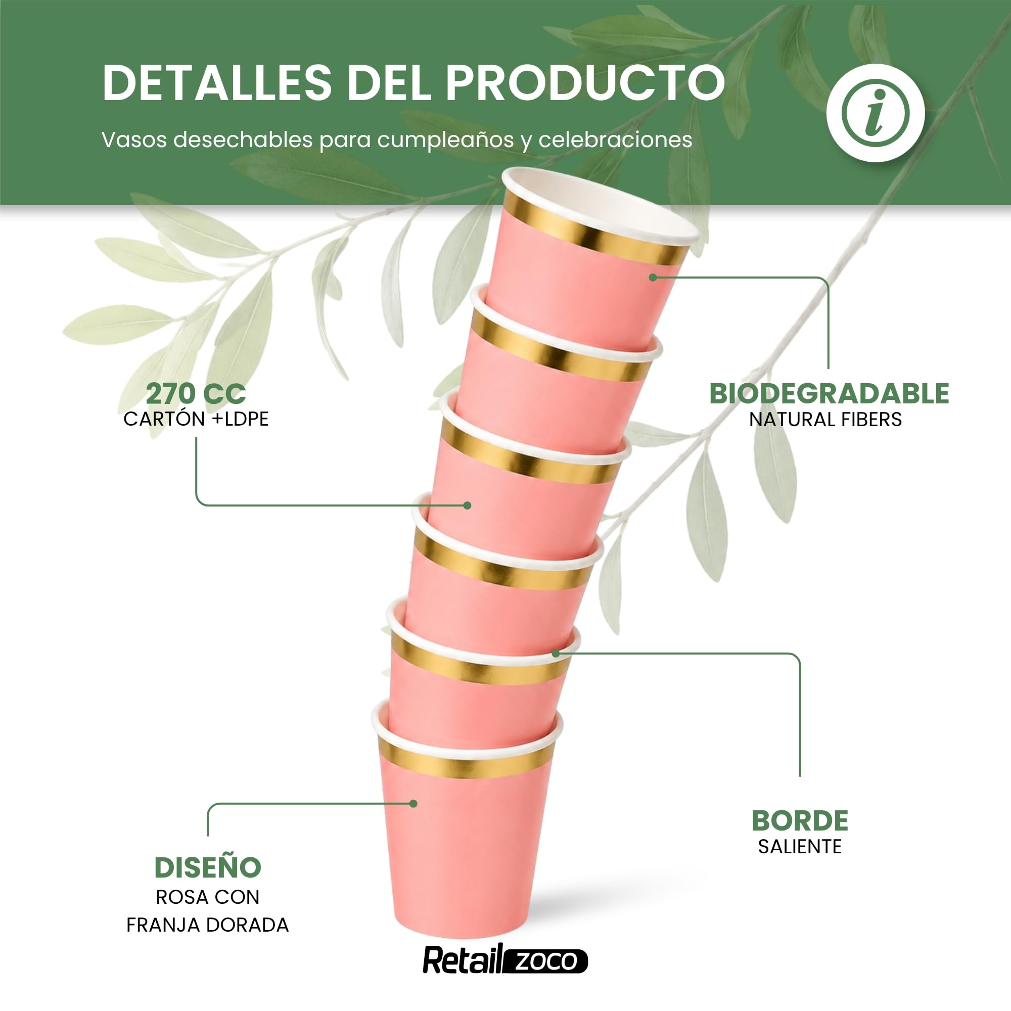 Vasos de cumpleaños, Vasos Desechables cartón, Diseño Rosa, 12 Unidades - imagen 2