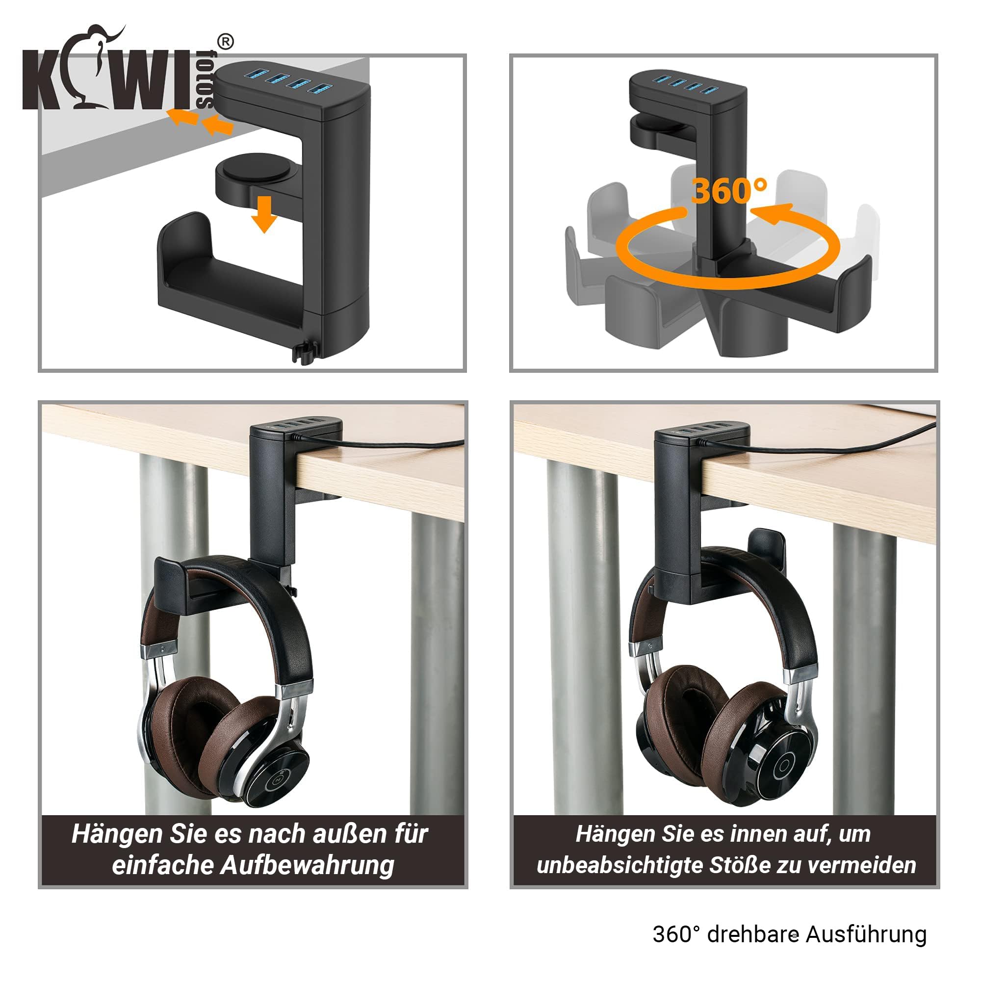 KIWIFOTOS 2-in-1-Kopfhörerständer unter dem Schreibtisch mit 4 Anschlüssen USB-Hub-Organizer, Headset-Halter, Kopfhörerhaken, Aufhänger für Schreibtisch, PC-Gaming-Zubehör - Schwarz