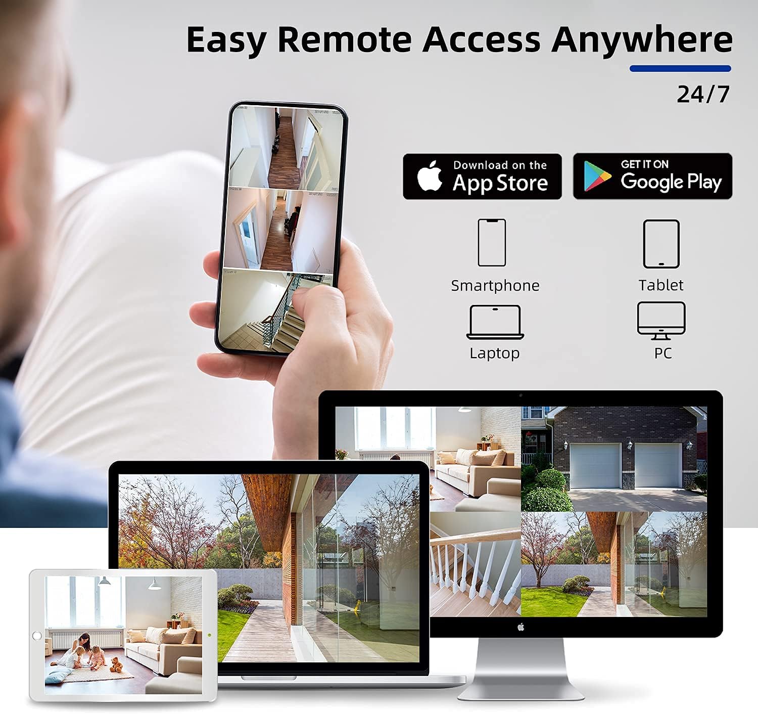 Screenshots of the Danale app on a smartphone and a monitor displaying multiple camera feeds, illustrating remote access.