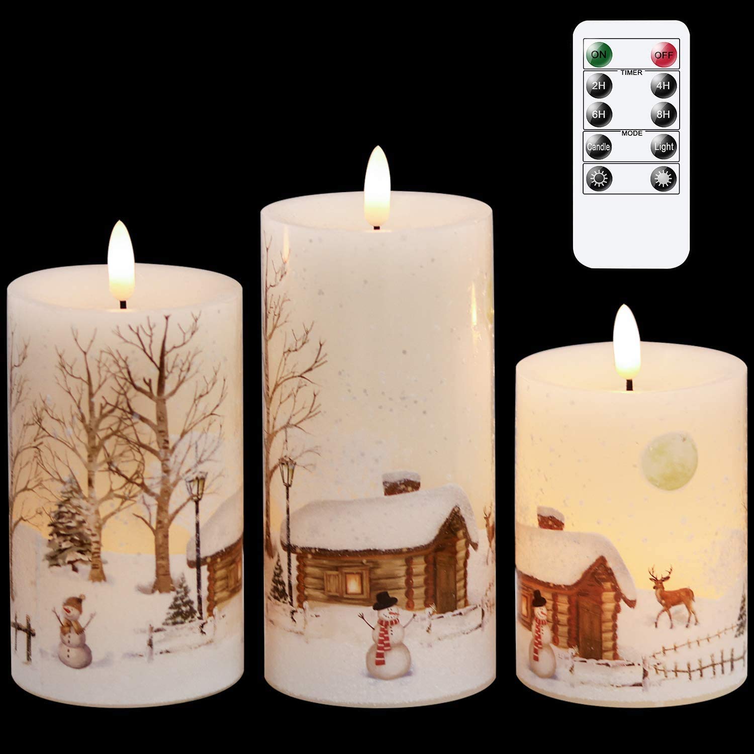 Eldnacele Snowman-3D Wick Flameless Flickering Christmas Snowman Fake Candles With Remote 3D Wick Snow Scene Decal Real Wax Candles Lights Led Flames For Christmas Home Decoration Powered By 2 Aa Batteries, 3 Pack