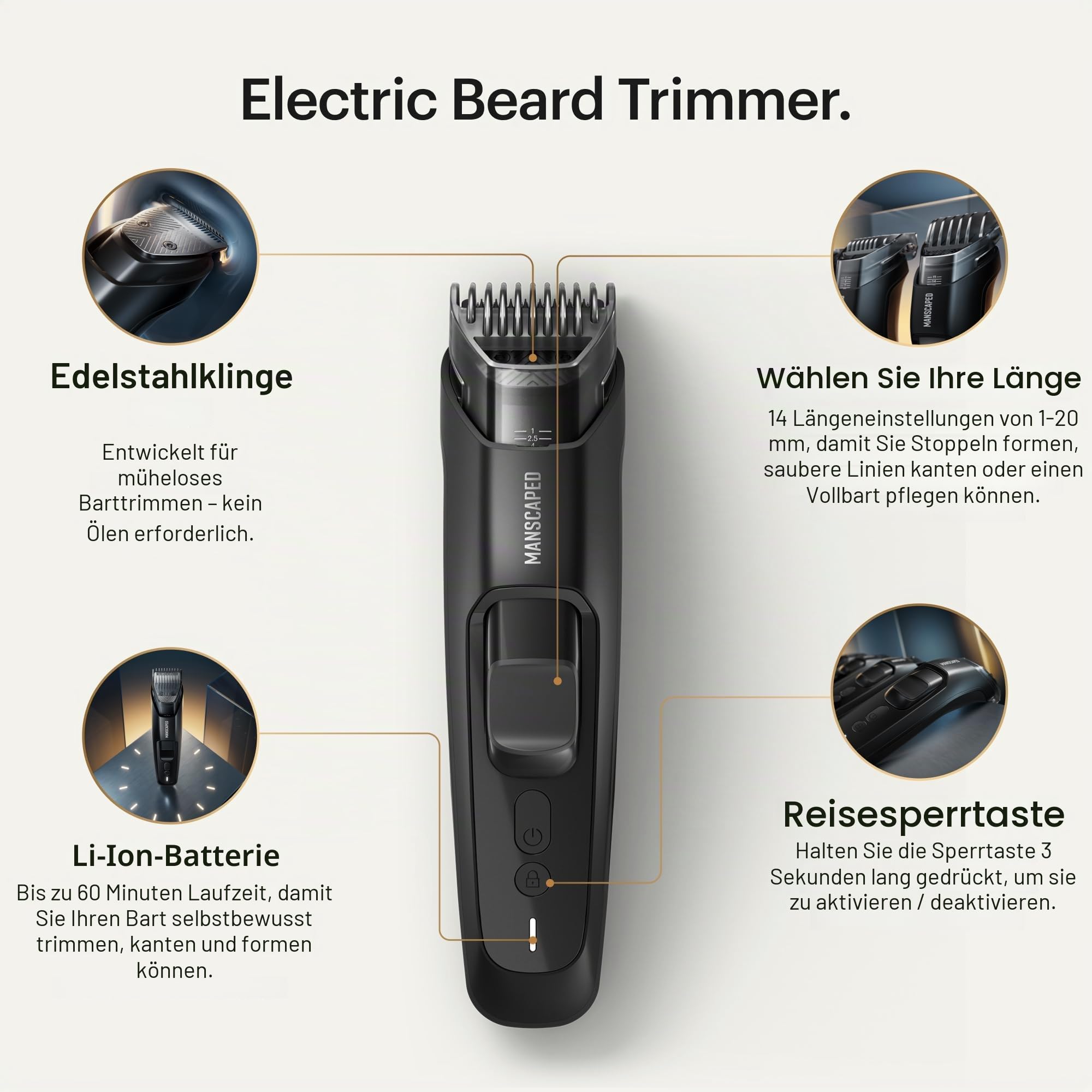 MANSCAPED® The Beard Hedger® Plus Verstellbarer Bart- & Schnurrbart-Trimmer für Herren mit 14 Längeneinstellungen (1–20 mm), Edelstahlklinge, wasserdicht, schnurlos, Reiseschloss, USB-C