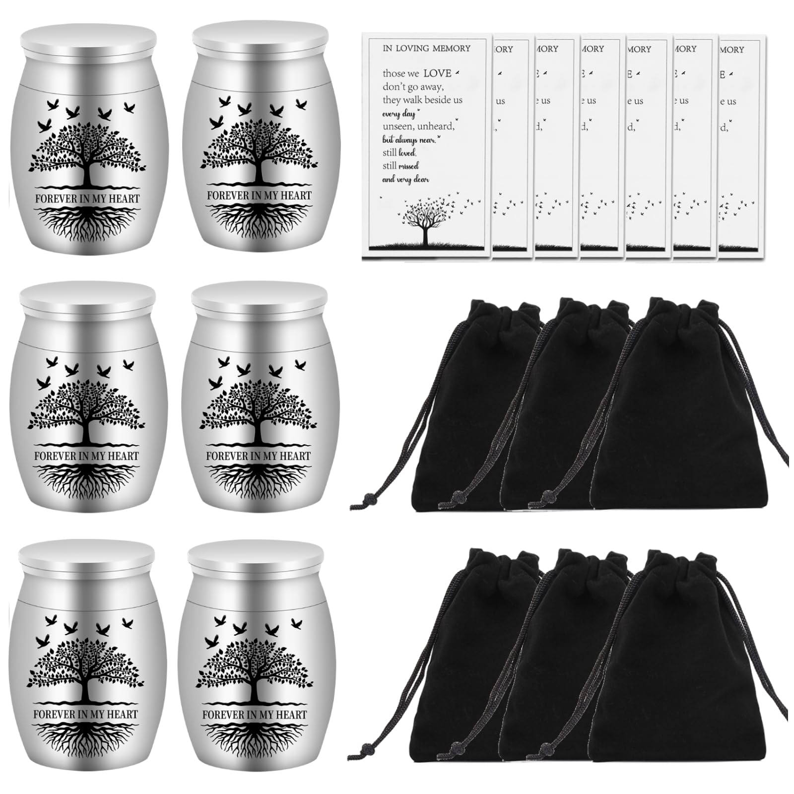 AIOMOB Silver Stainless Steel Urn, 6 Set Mini Cremation Urns for Ashes with Memorial Cards & Velvet Bag-Forever in My Heart โ image 1