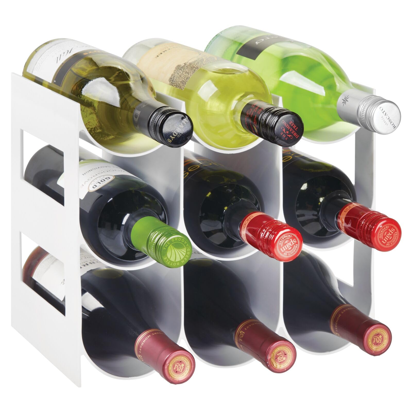 mDesign praktisches Wein- und Flaschenregal – Weinregal Kunststoff für bis zu 9 Flaschen – freistehendes Regal für Weinflaschen oder andere Getränke – weiß