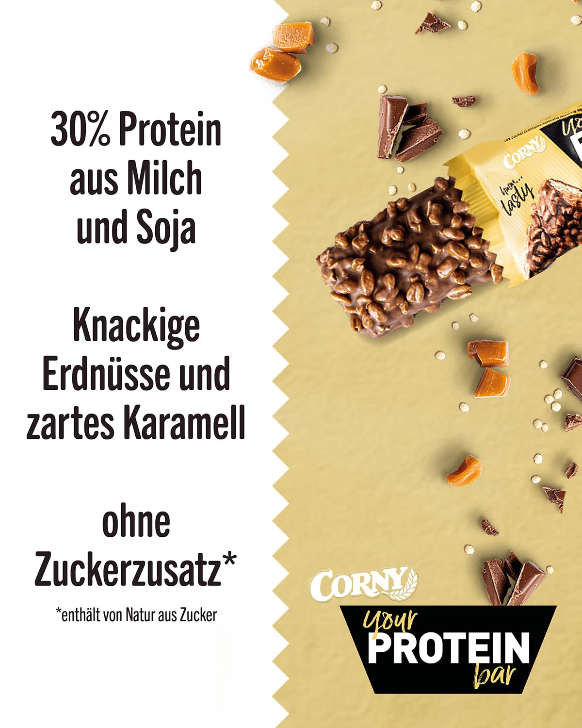 Corny Proteinriegel Peanut Caramel Crunch, 30 Prozent Protein, Eiweißriegel ohne Zuckerzusatz, 12 Stück (1er Pack)