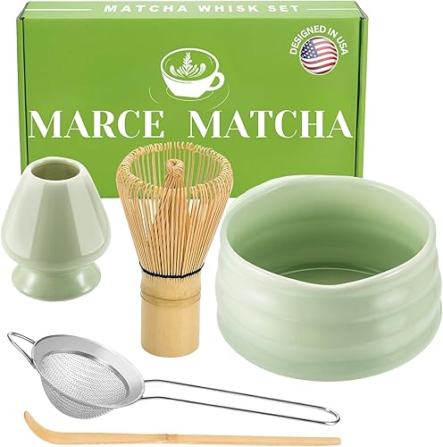 Marce Juego de batidor de matcha batidor y tazón de matcha, tamiz matcha, soporte para batidor de matcha y cuchara matcha, el kit perfecto para té