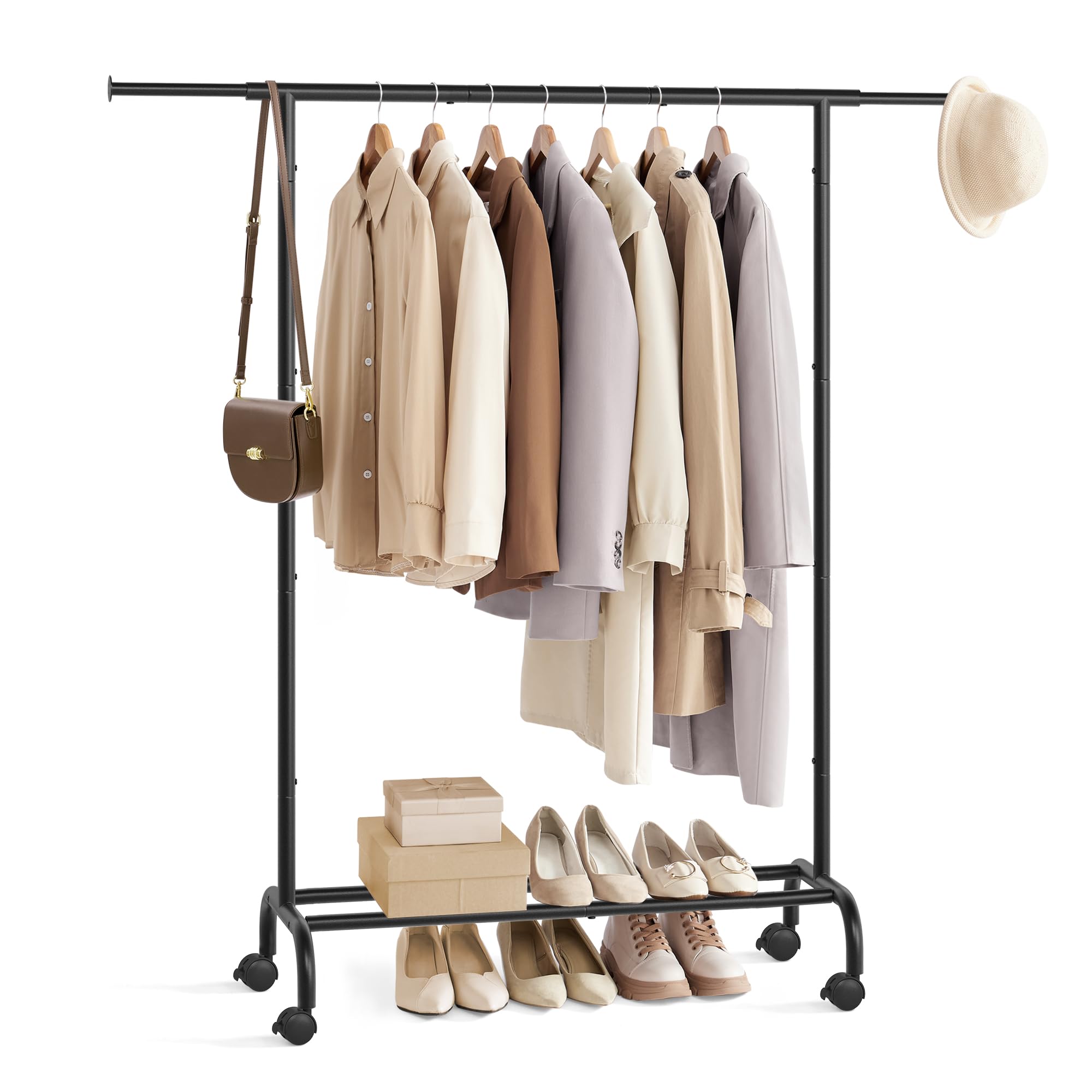 SONGMICS Clothes Rail, Clothes Rack, Extendable Hanging Rail, Clothing Storage with Wheels, 45 kg Total Max. Load, 40 x (83-120) x 156 cm, Ink Black HSR134B01
