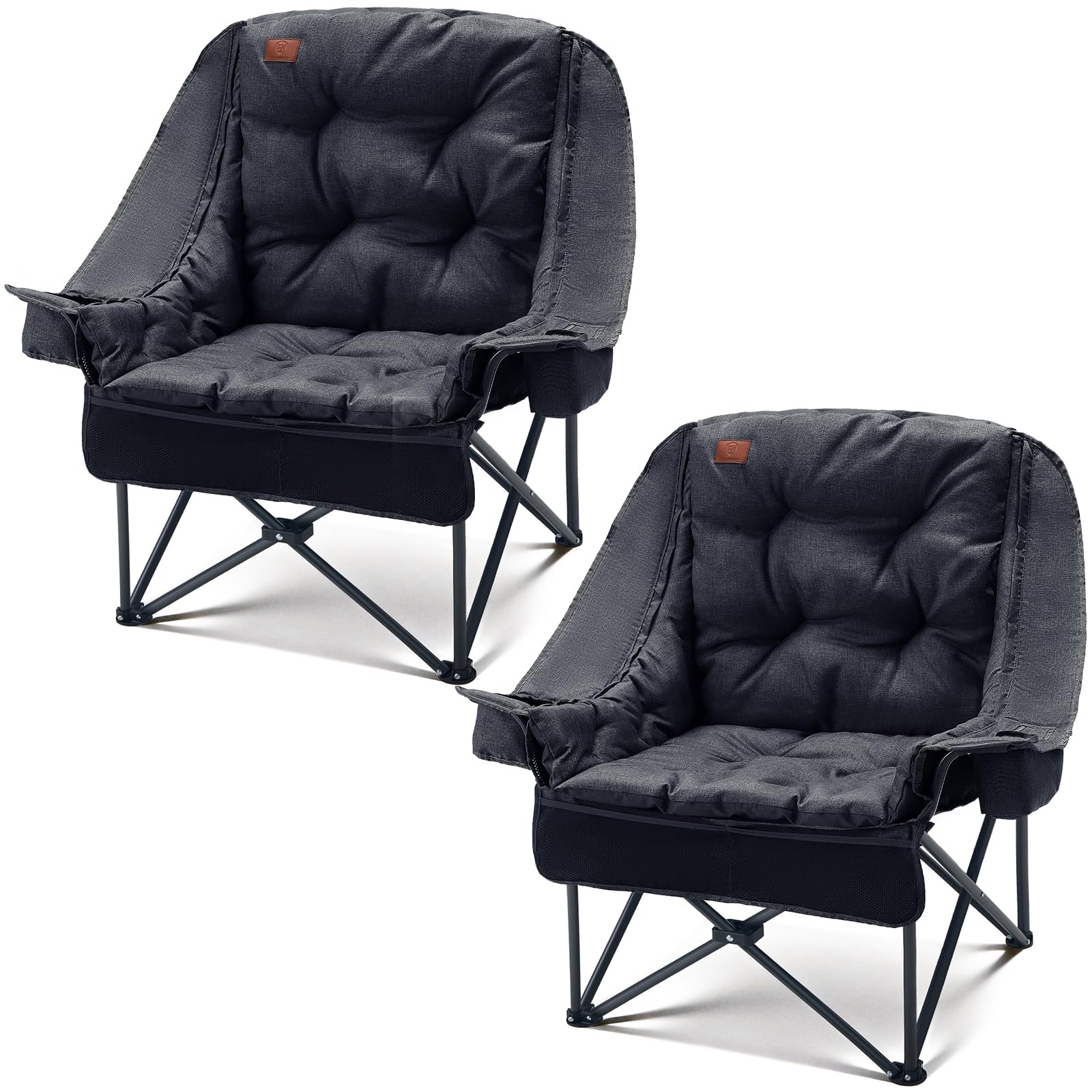 EVER ADVANCED 2-in-1 Oversized Camping Chair, Heavy Duty Folding Chair with 6cm Removable Padded Cushion, 180kg Capacity, Cup Holder & Side Pocket for Fishing, Garden, Black, 2P