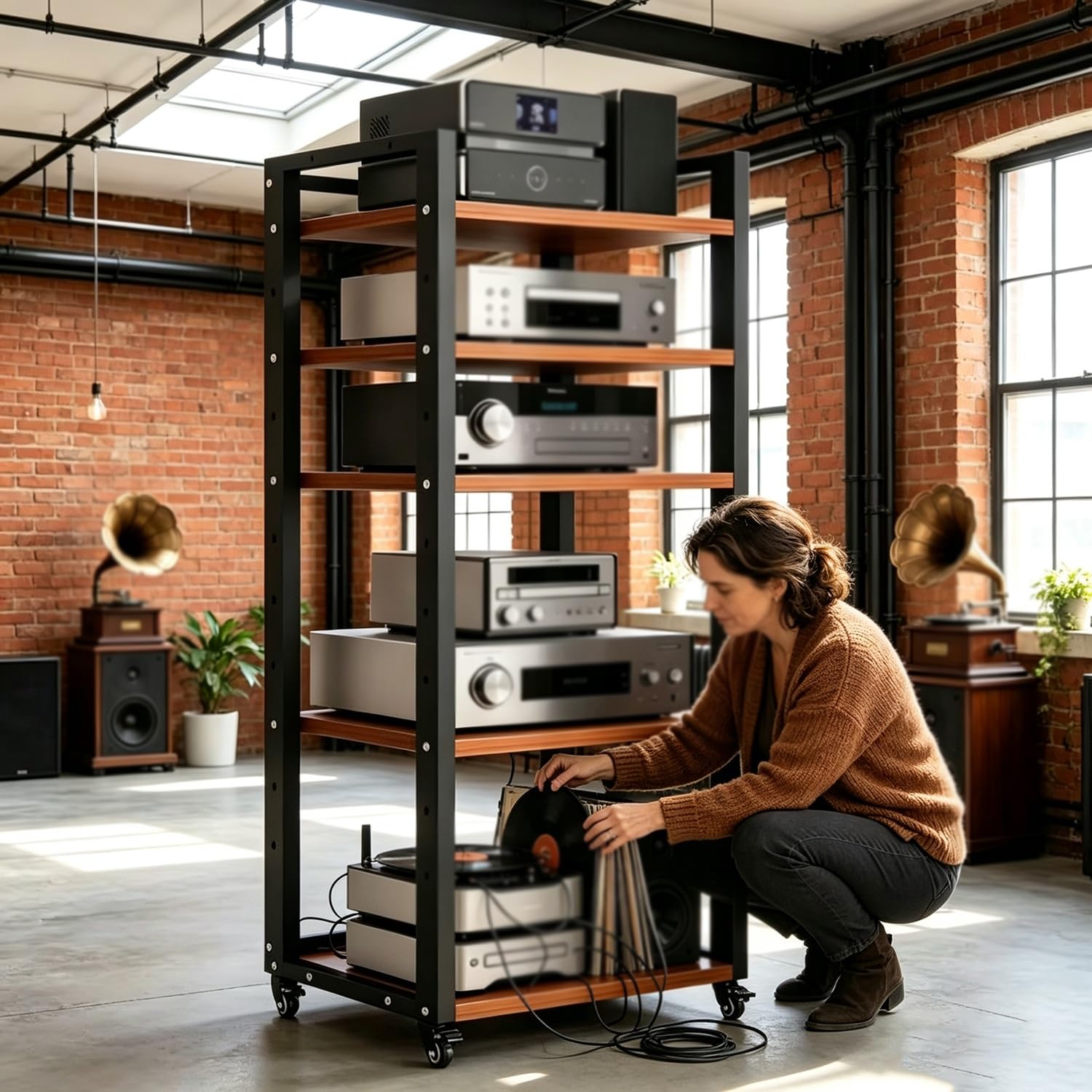 5-poziomowa Szafka HiFi Stojak Na Wzmacniacz HiFi, Stojak Na Gramofon | Stojaki Do Drukarek Domowych Metalowa Rama I Płyty Z Litego Drewna Z Kółkami Na Kółkach Dla Profesjonalnych Audiofilów