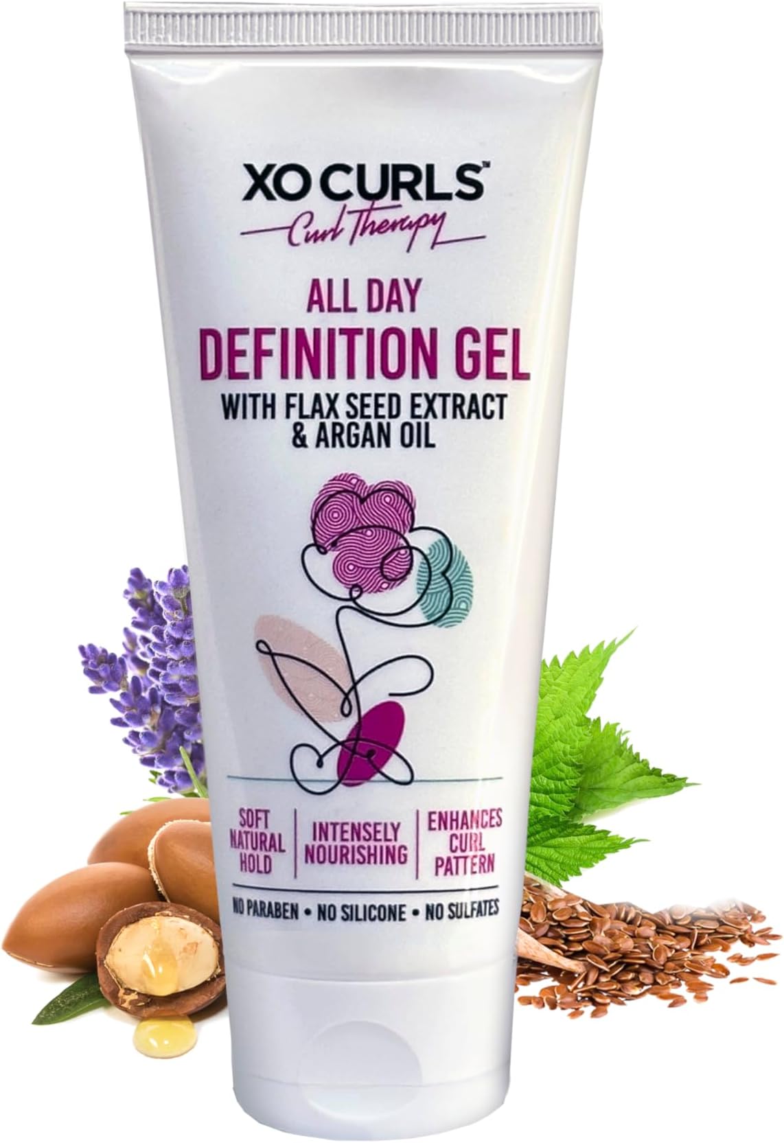 XO Curls All Day Definition Gel with Flax Seed & Argan Oil; a Curly Hair Therapy Range that gives Women & Men frizz-free, soft natural curls