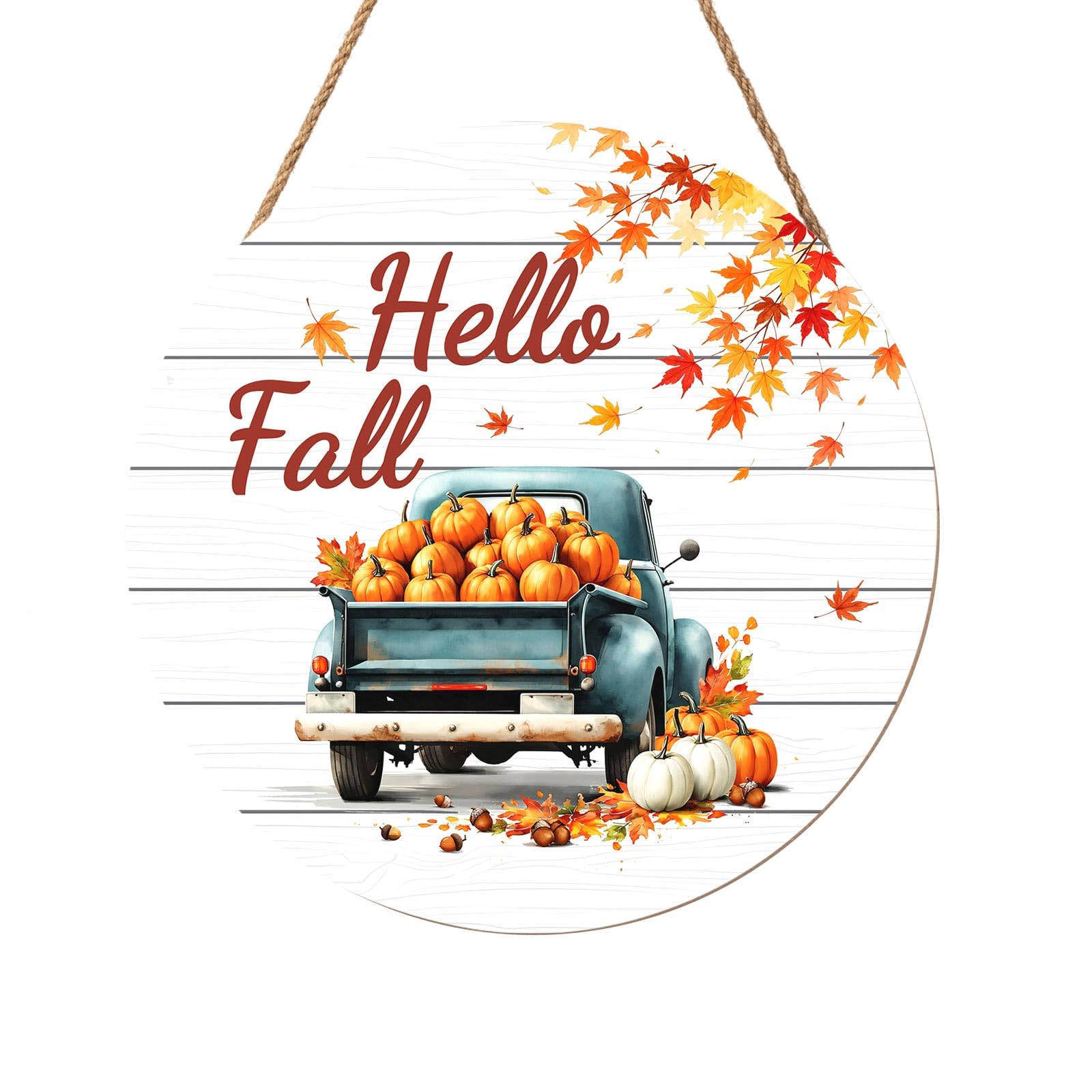Hello Fall Wreath for Front Door Fall Truck Welcome Door Sign 12x12 Inch Autumn Maple Leaf Pumpkin Wood Door Hanger Farmhouse Thanksgiving Hanging Plaque for Home Porch Wall Indoor Outdoor Decorations