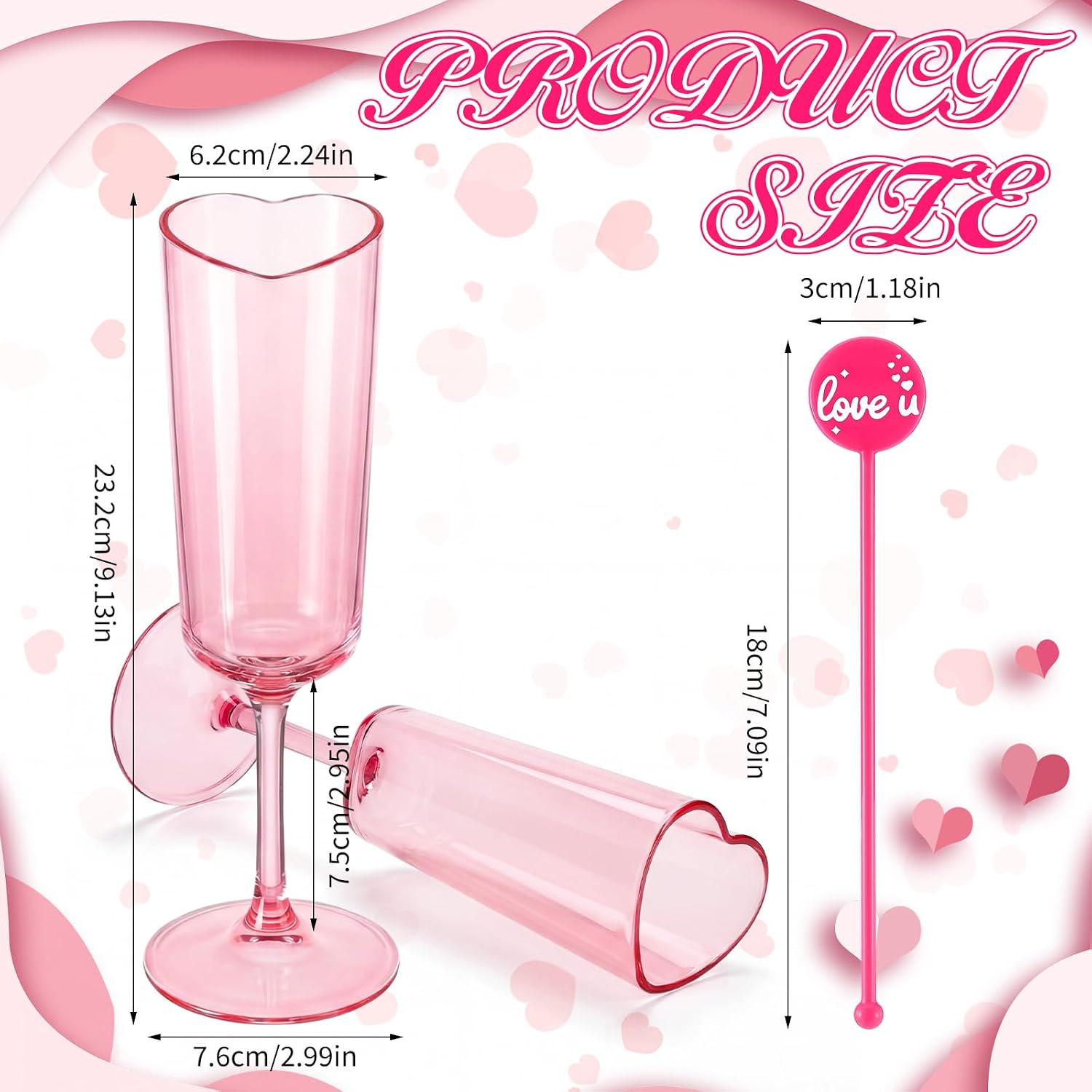 Potchen 6 Set Galentines Day Heart Shaped Champagne Flutes 6.5 oz Pink Plastic Heart Shaped Champagne Glasses Wine Cups with 10 Cocktail Stirrers for Valentines Wedding Drink Cocktail Supplies