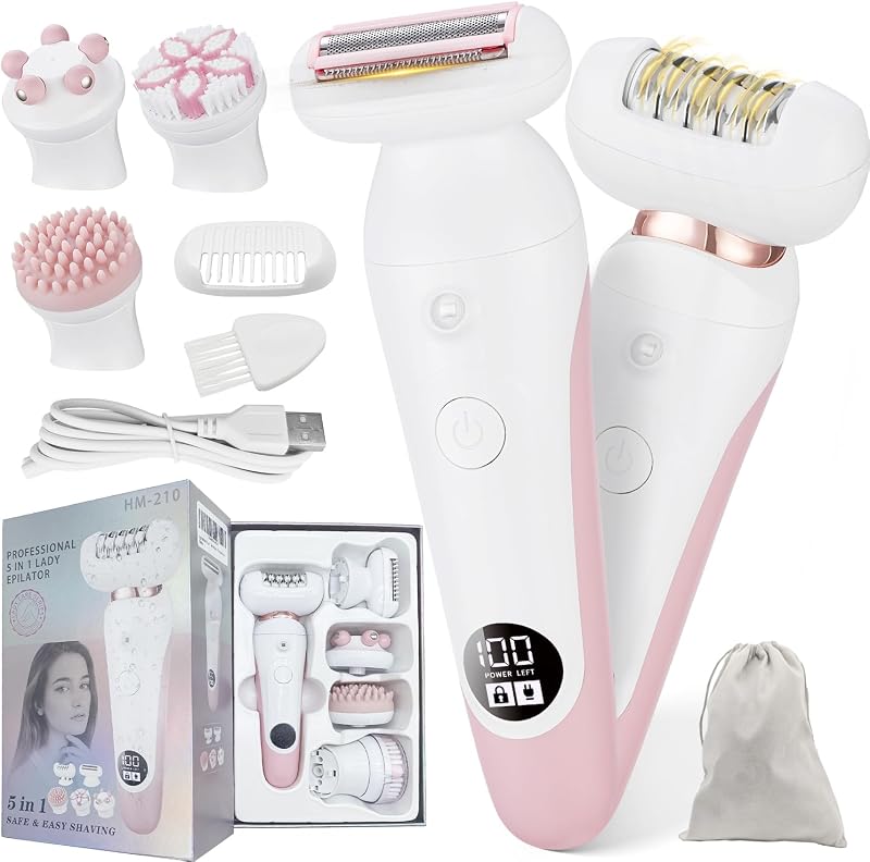 UPTARD Depilador elétrico feminino 5 em 1 com aparador, escova facial e massageador, rosa