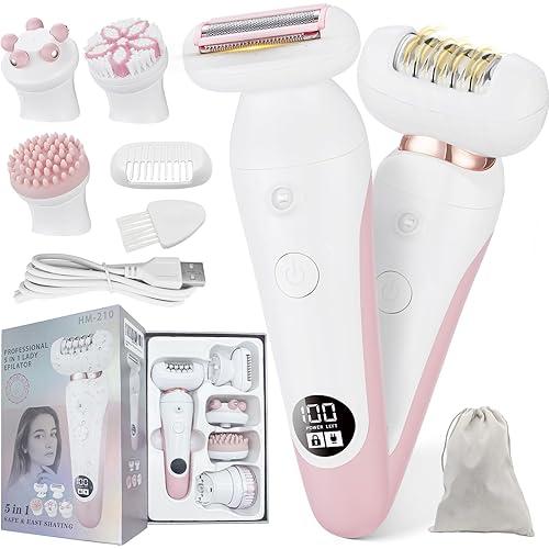 5 in 1 Electric Shaver for Women,Epilators Hair Removal for Women's Body, Electric Razor for Women Legs Public Area Bikini Trimmer, Face Scrubber, Facial Cleaning Brush Dry Wet Gift Set (Pink)
