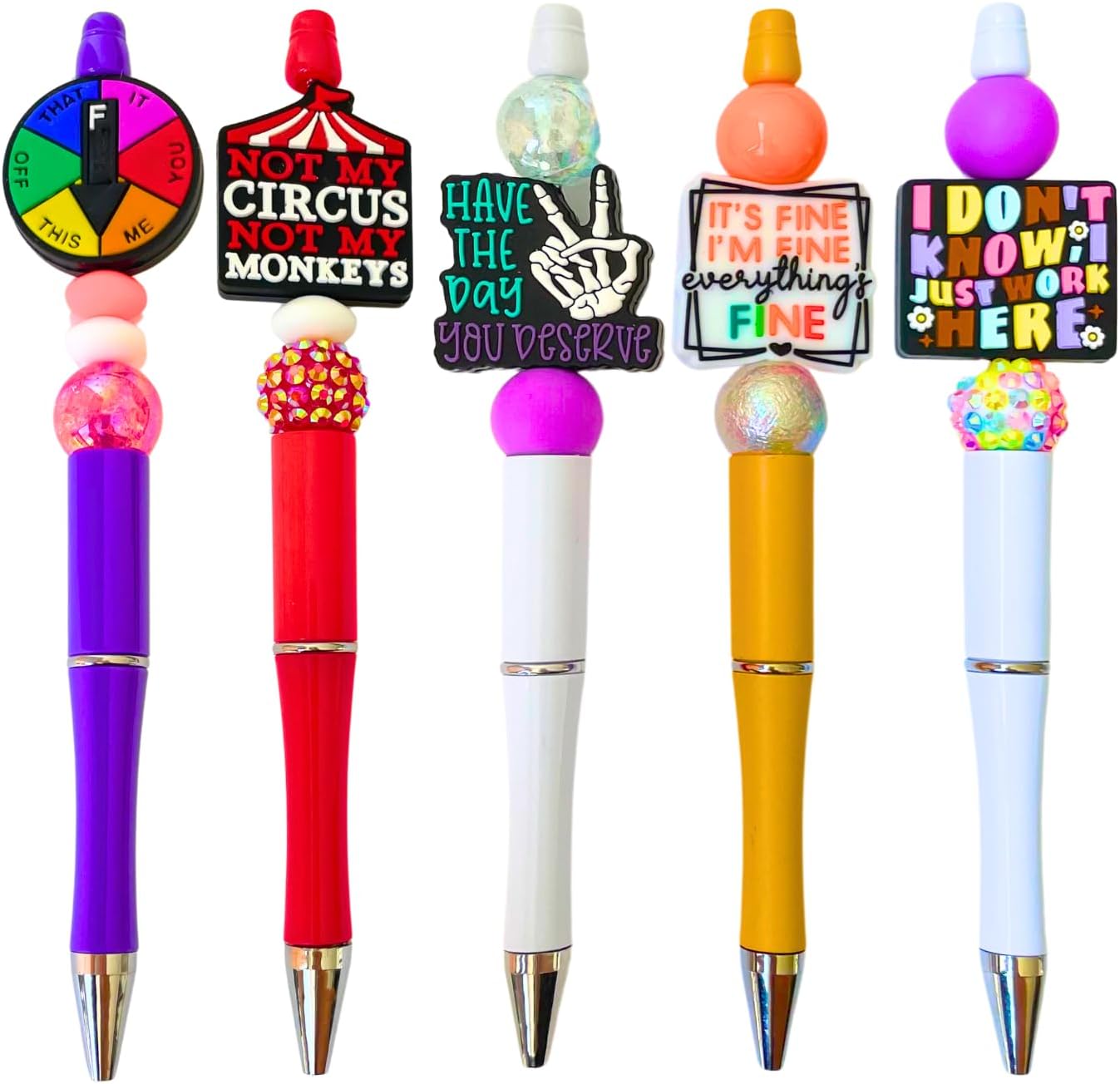 5PC Funny Bead Ink Ball Point Pens with Sayings for Adults Fun Sarcastic Sarcasm Humorous Hilarious Snarky Sassy Rude Sass Cool I Just Work Here It’s Fine Office Coworkers Stationary Gift for Women