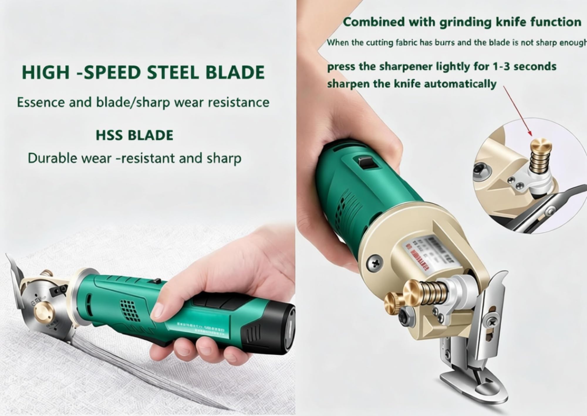 Cortador rotativo eléctrico, tijeras de tela inalámbricas | Con 2 cuchillas y 2 baterías de litio, for tela multicapa, cuero y alfombra(Cutting height≤33mm)