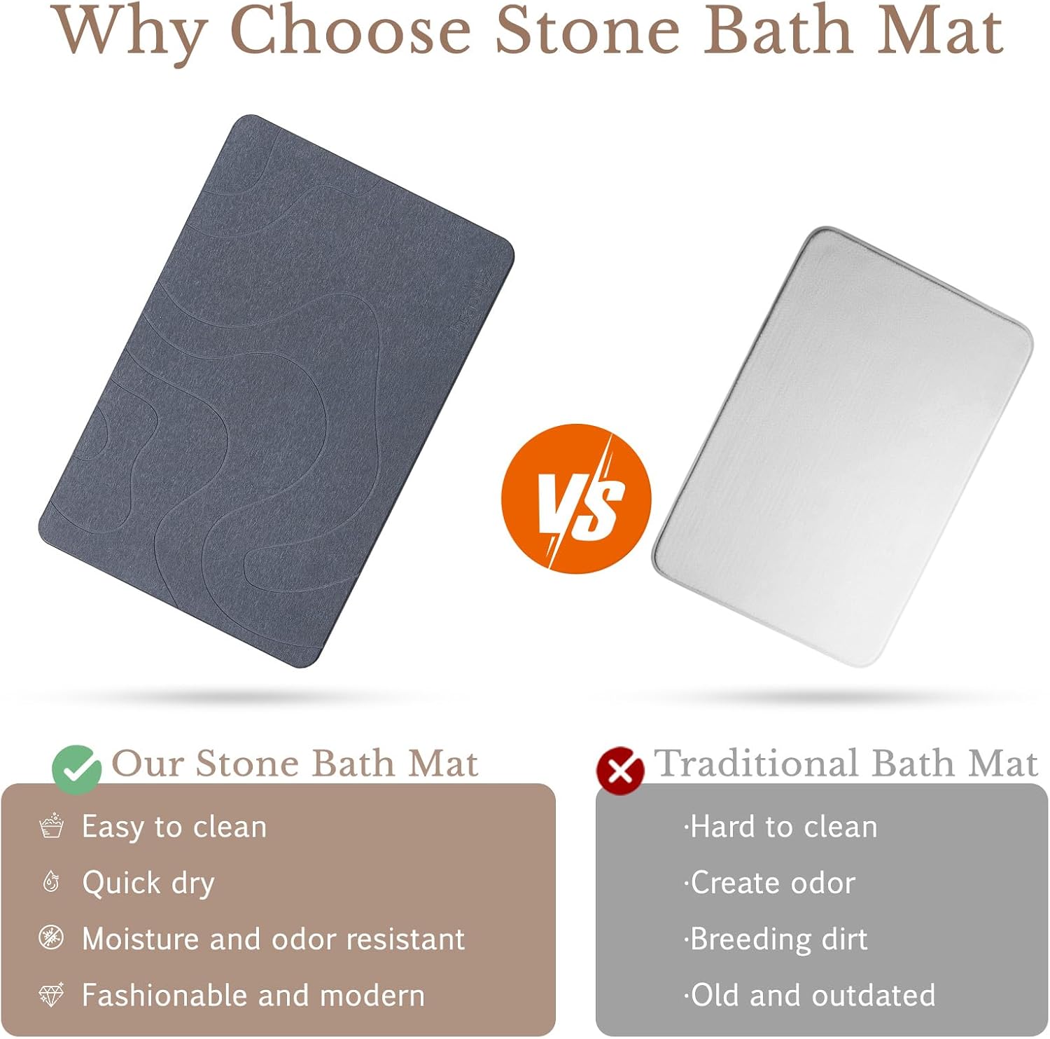 2Pack Stone Bath Mat, Natural Diatomaceous Earth Bathroom Rug, Super Absorbent, Quick Dry, Non-Slip Stone Mats for Bathroom, Kitchen, Entryway, Easy to Clean (Curve Dark Grey)