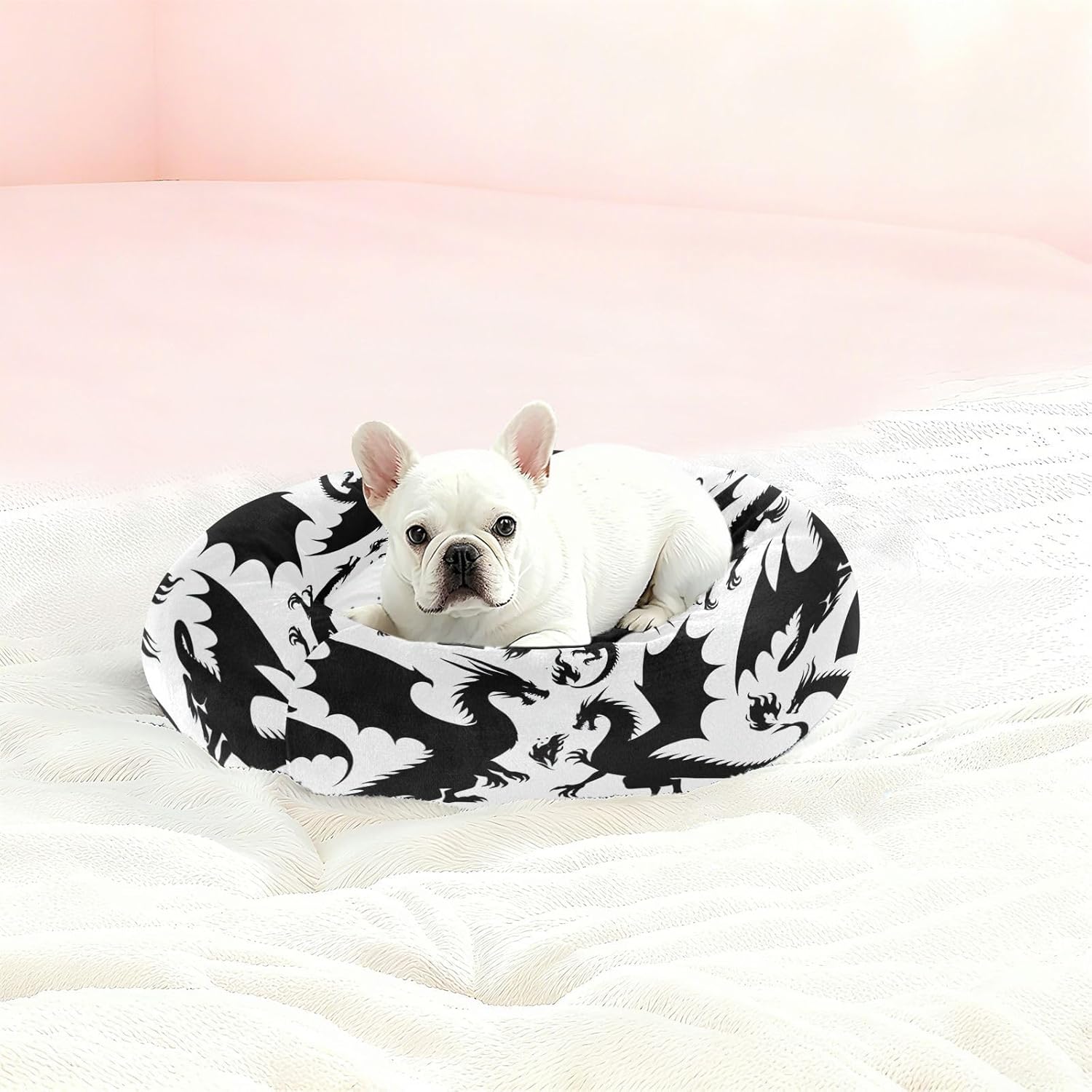 Dog Bed Ultra Soft Fluffy Comfortable Cat Bed, Silhouette Dragon Washable Dog Beds Anti-Slip Round Pet Beds for Medium Dogs