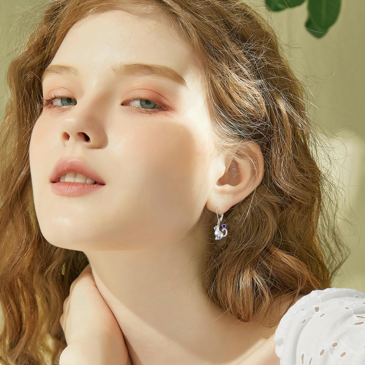 LONAGO Cat Earrings for Women 925 Sterling Silver Cute Cat with Red Heart Dangle Earrings