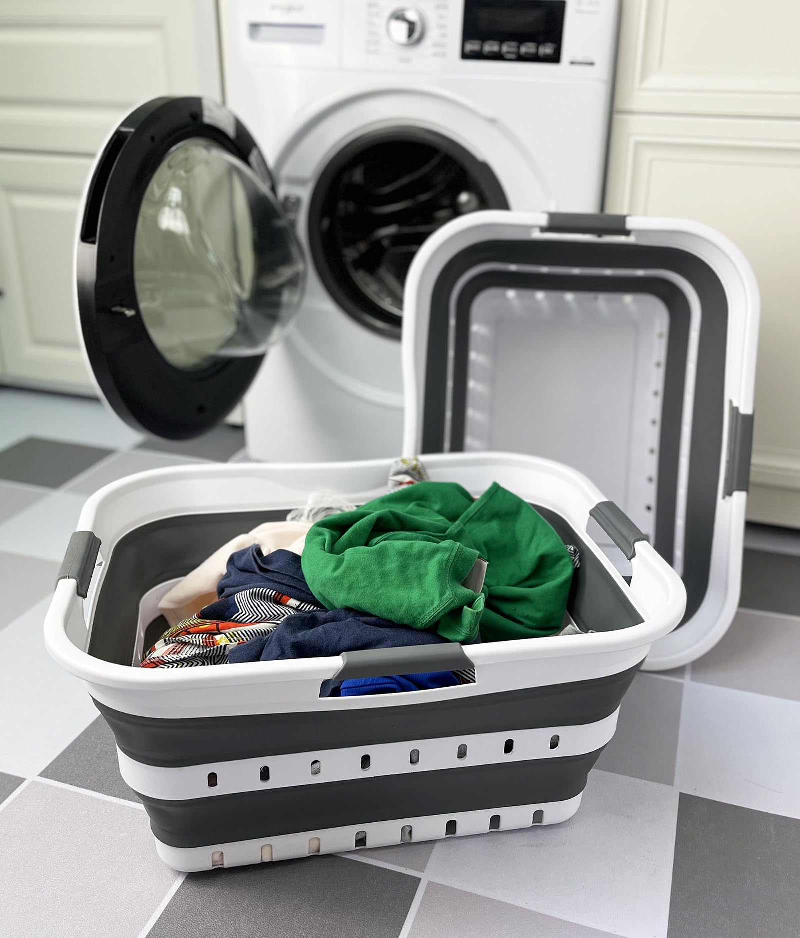 SAMMART 2er-Set 42L faltbarer Aufbewahrungskörbe/-behälter aus Kunststoff – zusammenklappbarer, platzsparender und tragbarer Wäschekorb, ideal für Zuhause, auf Reisen (2, Weiß/Stahlgrau)