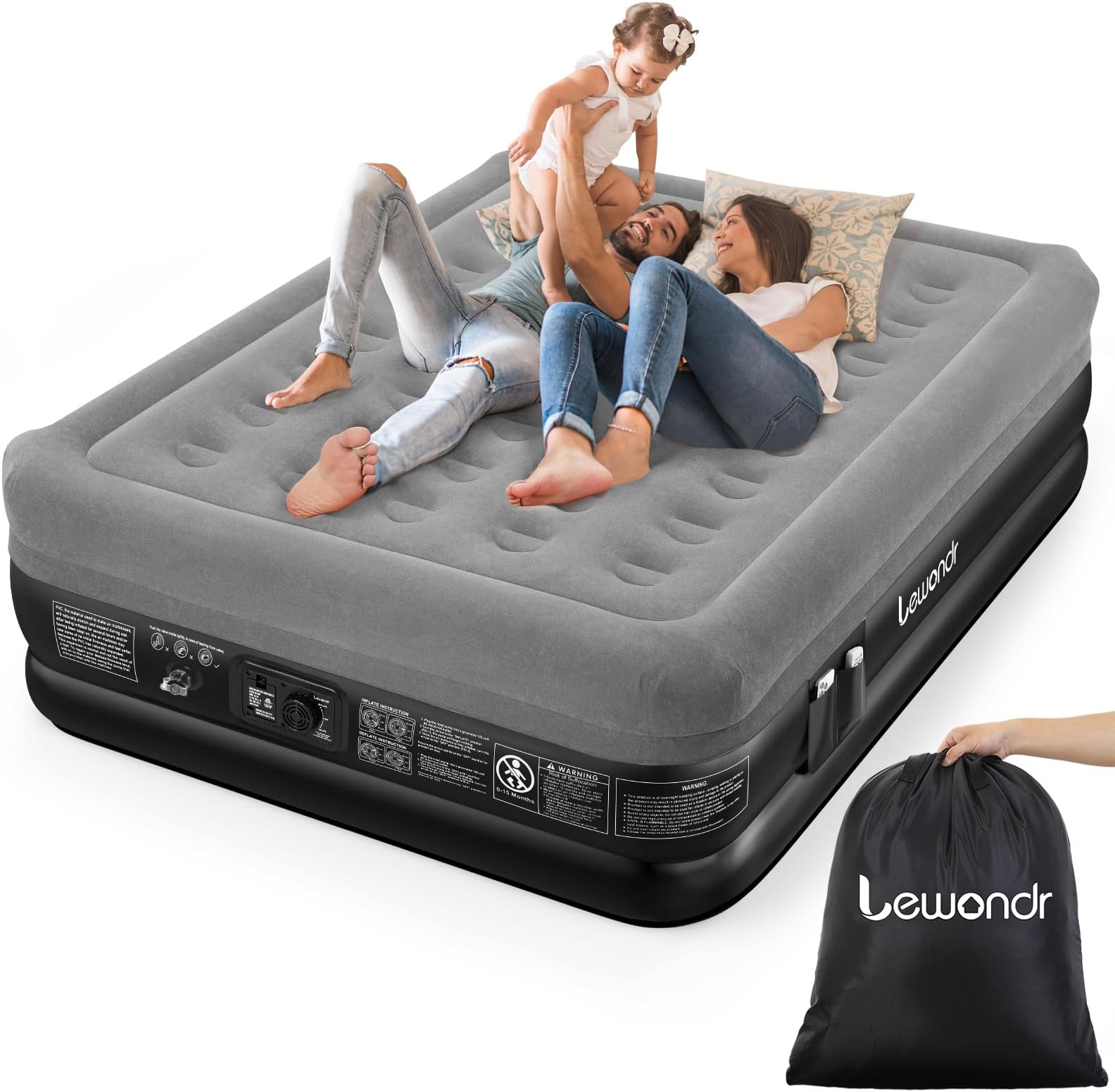 Lewondr Queen Air Mattress with Built in Pump,18" Deluxe Blow Up Mattress Airbed, Comfy Self Inflating Air Mattress, 3Min Fast Inflatable Mattress for Camping, Home, Guests, Travel(661lb MAX), Gray
